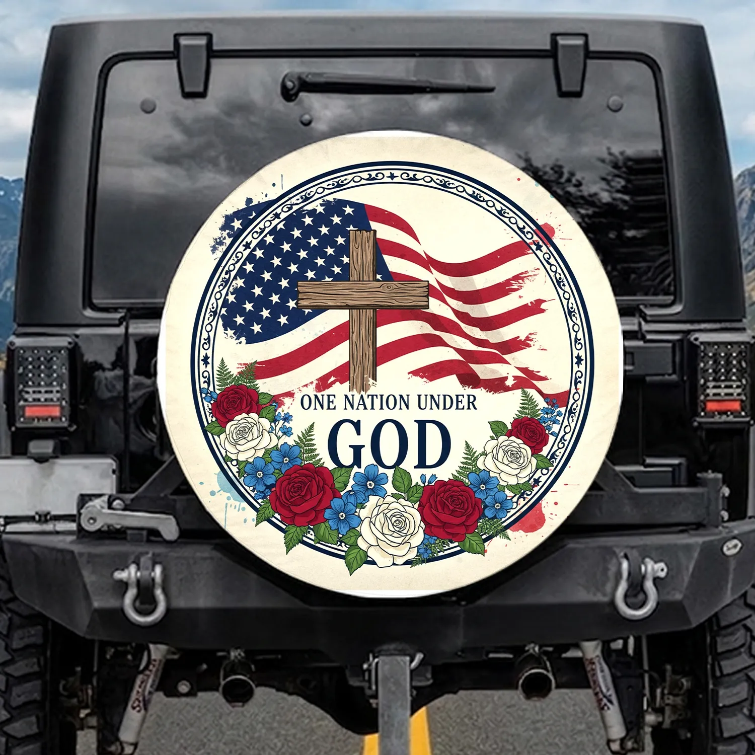 Rustic Cross American Flag, One Nation Under God - USA 250th Anniversary 1776-2026 Spare Tire Cover - 1