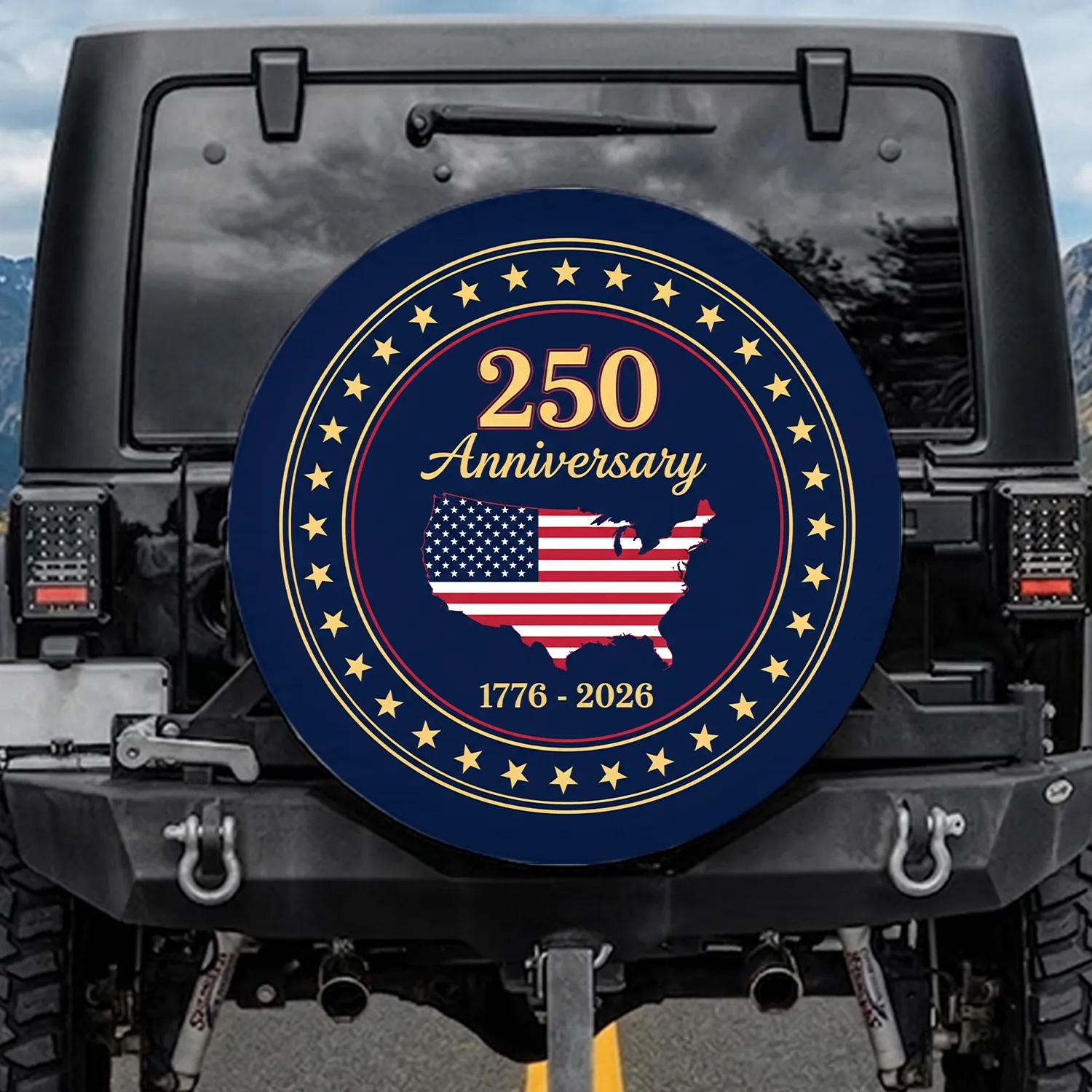 Gold 250th Anniversary USA Map Flag Stars 1776-2026 - Independence Day Patriotic Spare Tire Cover - 1