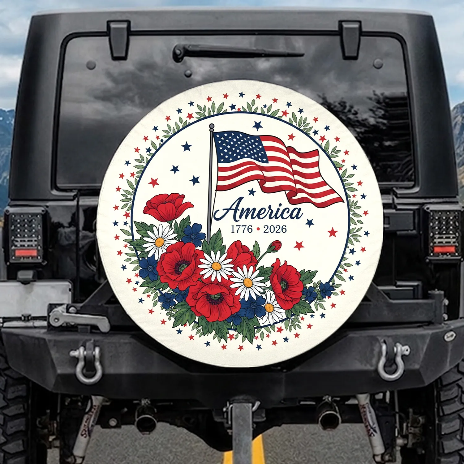 American Flag Poppies Daisies America 1776-2026 - USA 250th Anniversary Independence Day Spare Tire Cover - 1