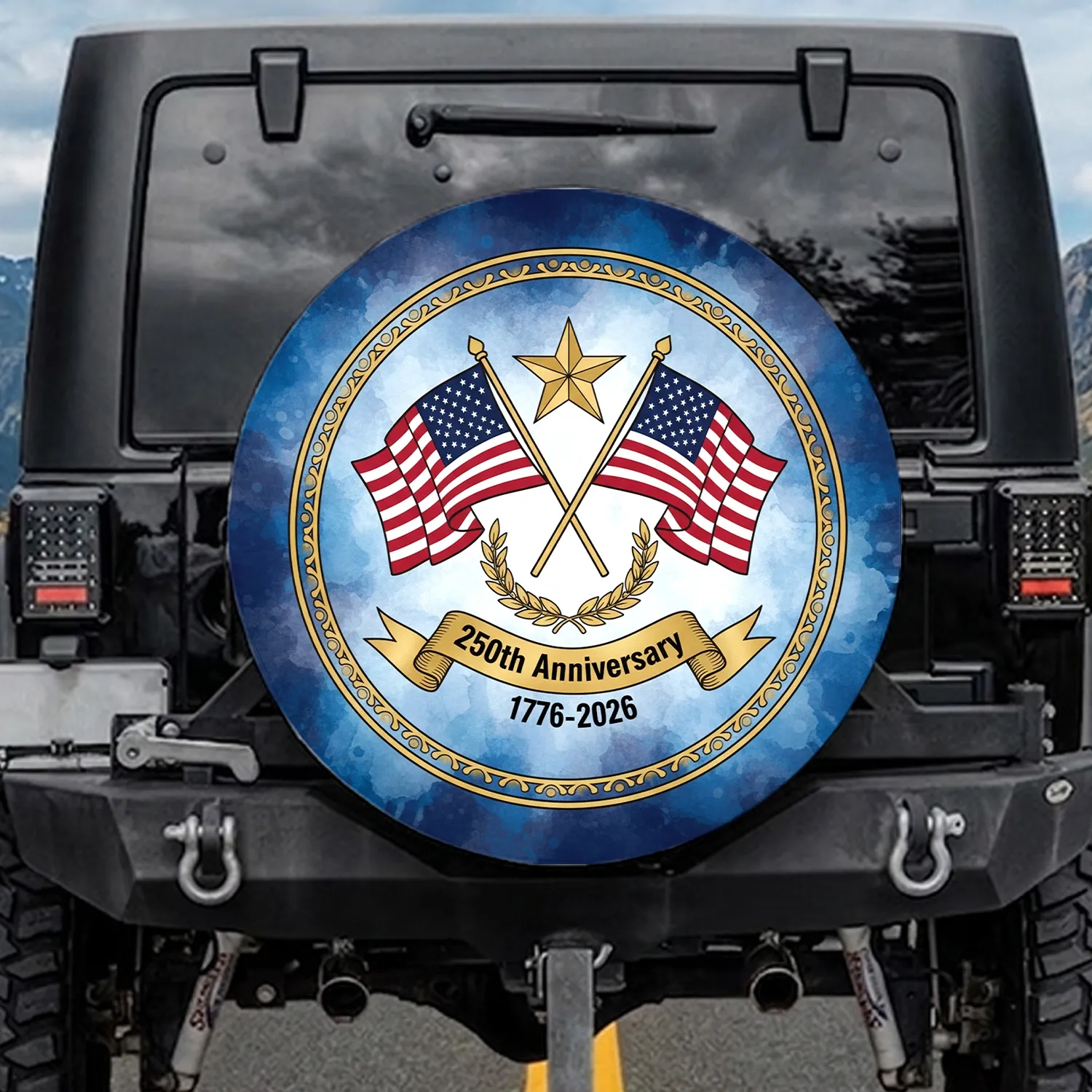 Golden Star Crossed American Flags 1776-2026 - USA 250th Anniversary Patriotic Celebration Spare Tire Cover - 1