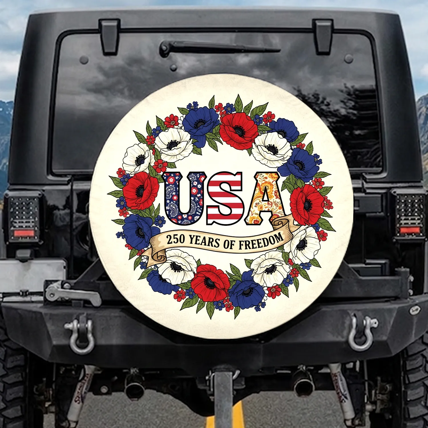 USA 250 Years Freedom Poppies Floral Art - America's 1776-2026 Anniversary Tribute Spare Tire Cover - 1