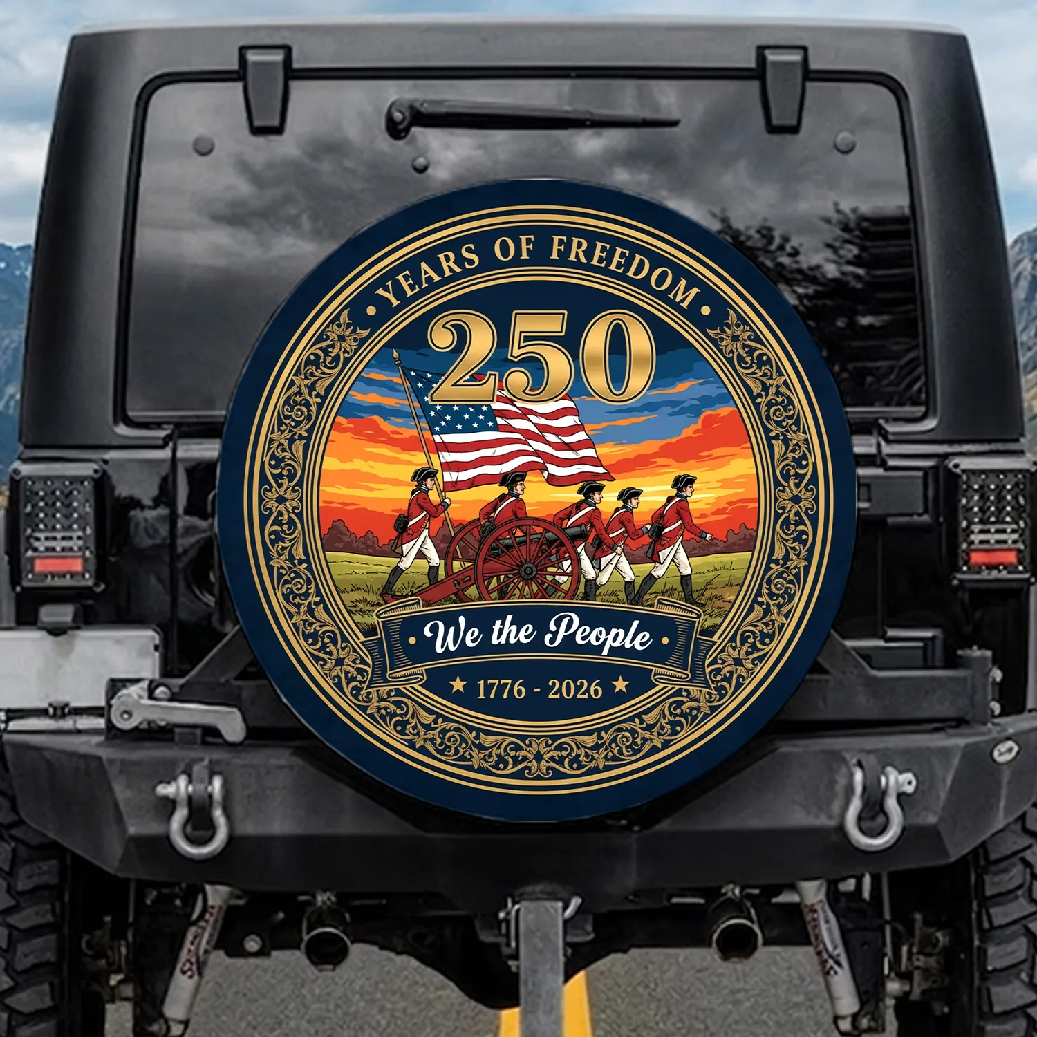 Colonial Soldiers Cannon Betsy Ross Flag 1776-2026 - USA 250th Anniversary Years of Freedom Spare Tire Cover - 1