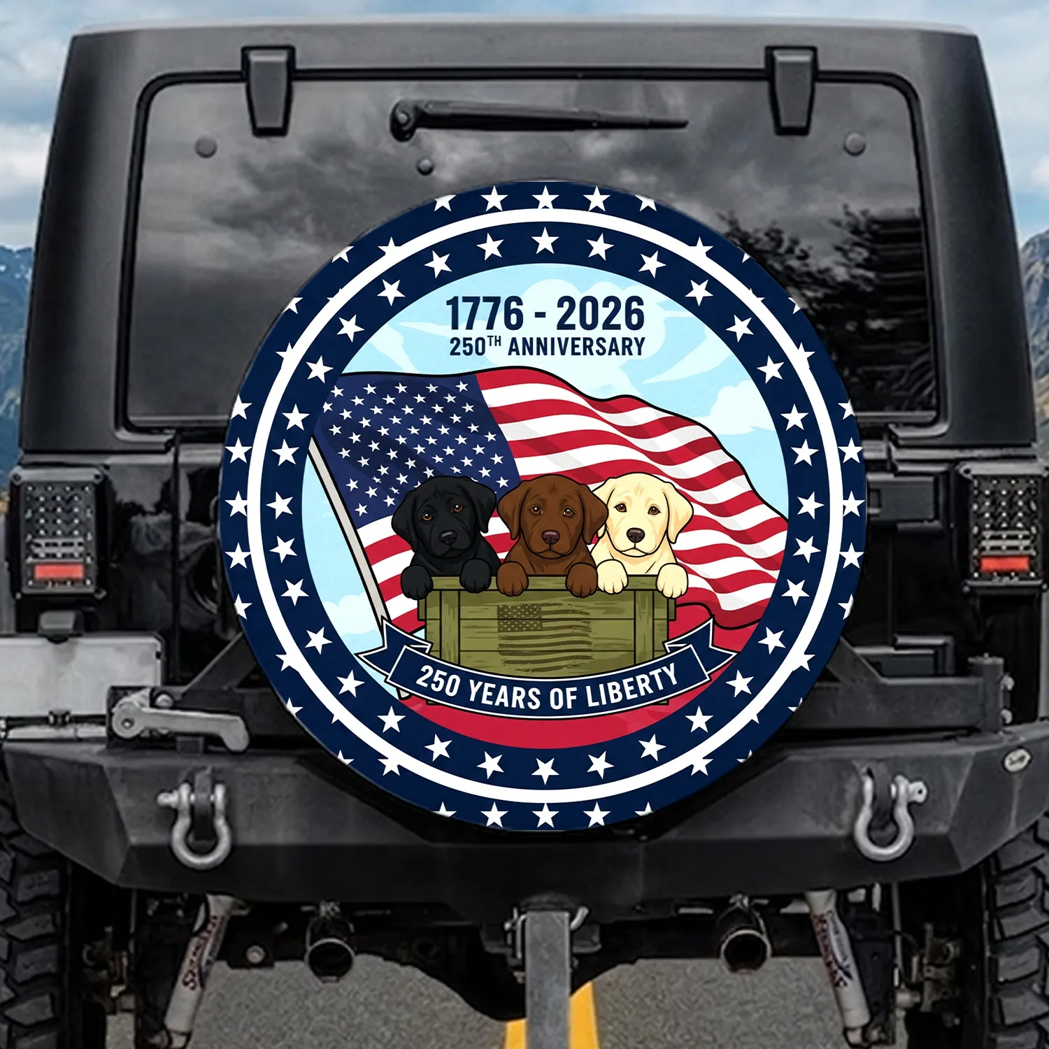 Labrador Puppies American Flag Military Crate 250th Anniversary 1776-2026 Patriotic Spare Tire Cover - 1