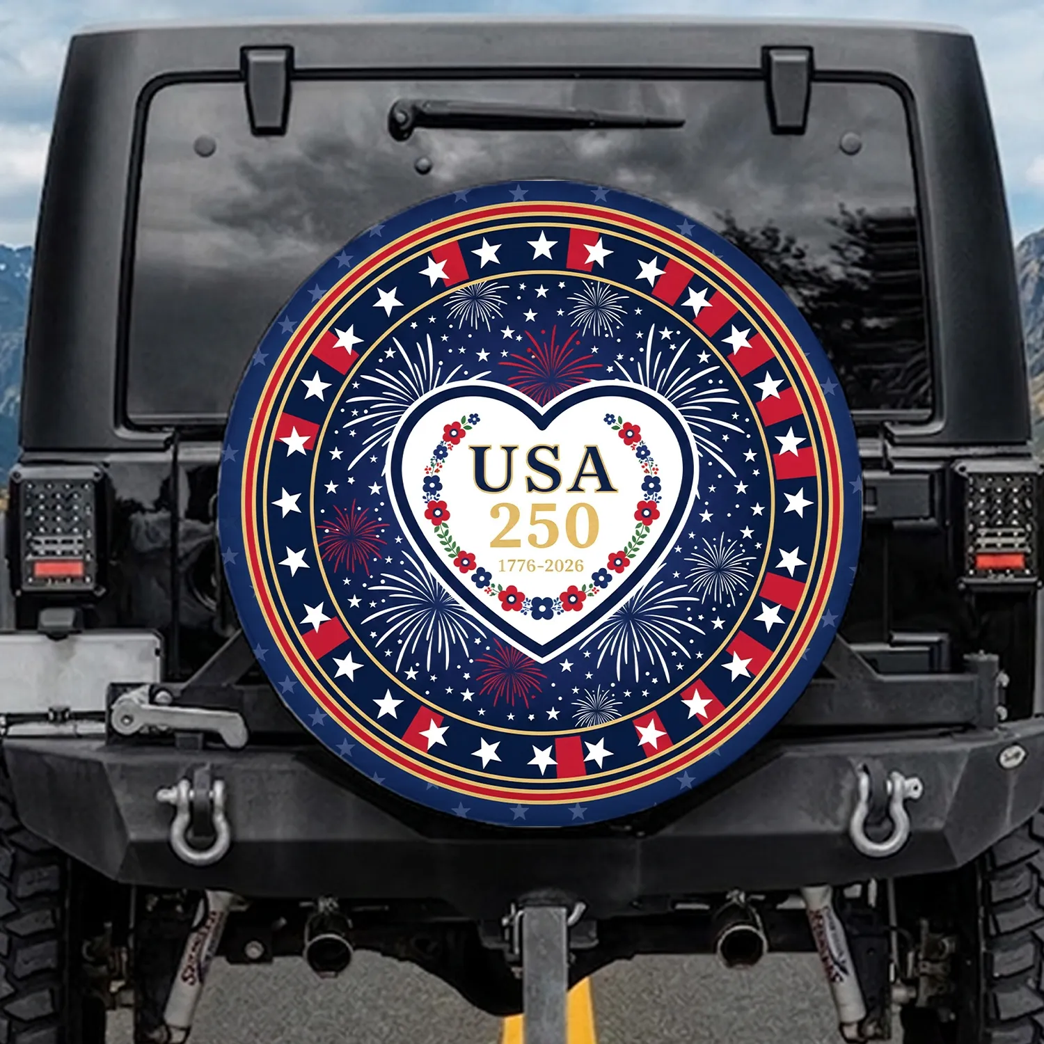 USA 250th Anniversary Heart Fireworks 1776-2026 - Independence Day Patriotic Gift for Dads Spare Tire Cover - 1