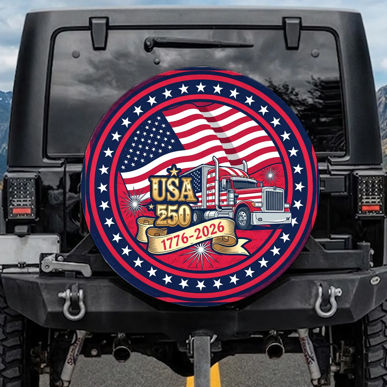 USA 250 American Flag Semi-Truck 1776-2026 - 250th Anniversary Patriotic Trucker Gift Spare Tire Cover - 1