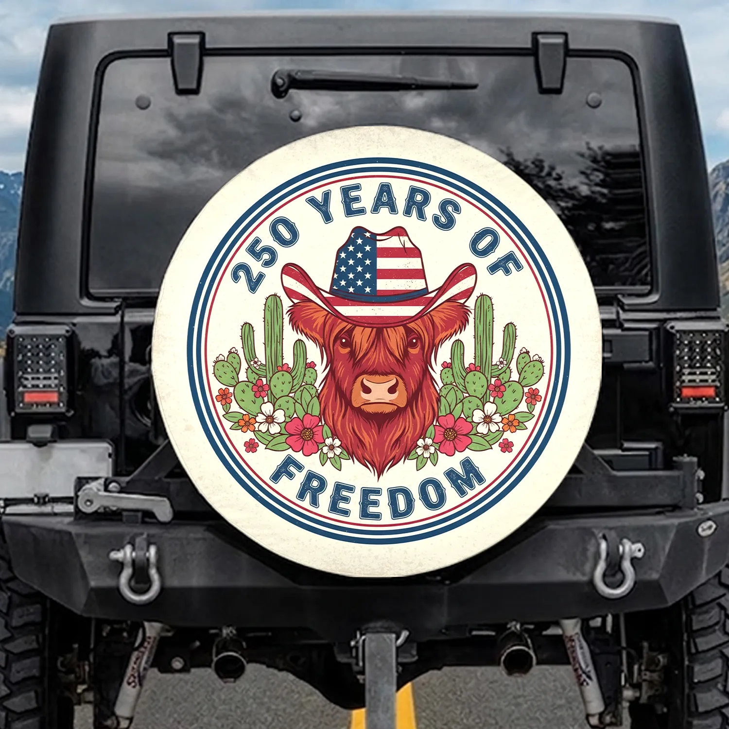 Highland Cow Flag Hat '250 Years of Freedom' - USA 250th Anniversary 1776-2026 Spare Tire Cover - 1
