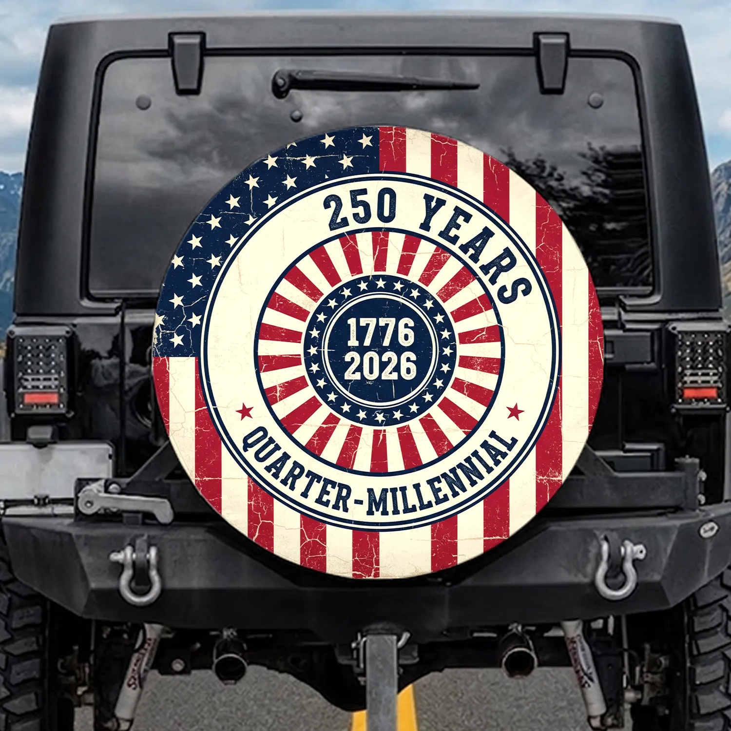 Distressed American Flag 1776-2026 - USA 250th Anniversary Quarter-Millennial Heritage Spare Tire Cover - 1