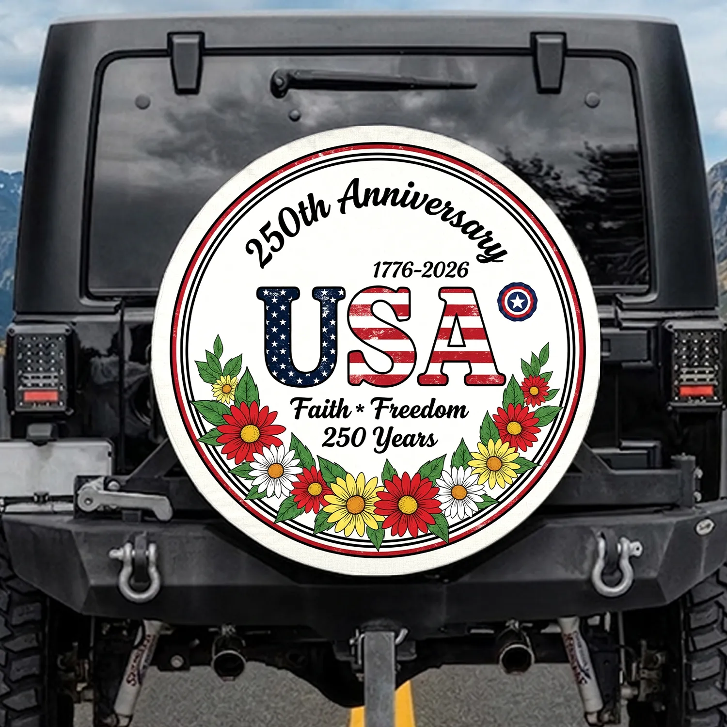 Distressed USA Stars Stripes Wreath 250th Anniversary 1776-2026 Faith Freedom Emblem Spare Tire Cover - 1