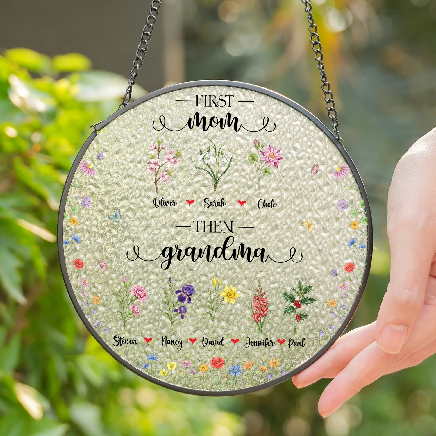 Personalized Grandma's Garden Gift For Grandma, Grandma Gift, Mother's Day Gift For Grandma, Nana Birth Month Flower Stain Glass Suncatcher - 1