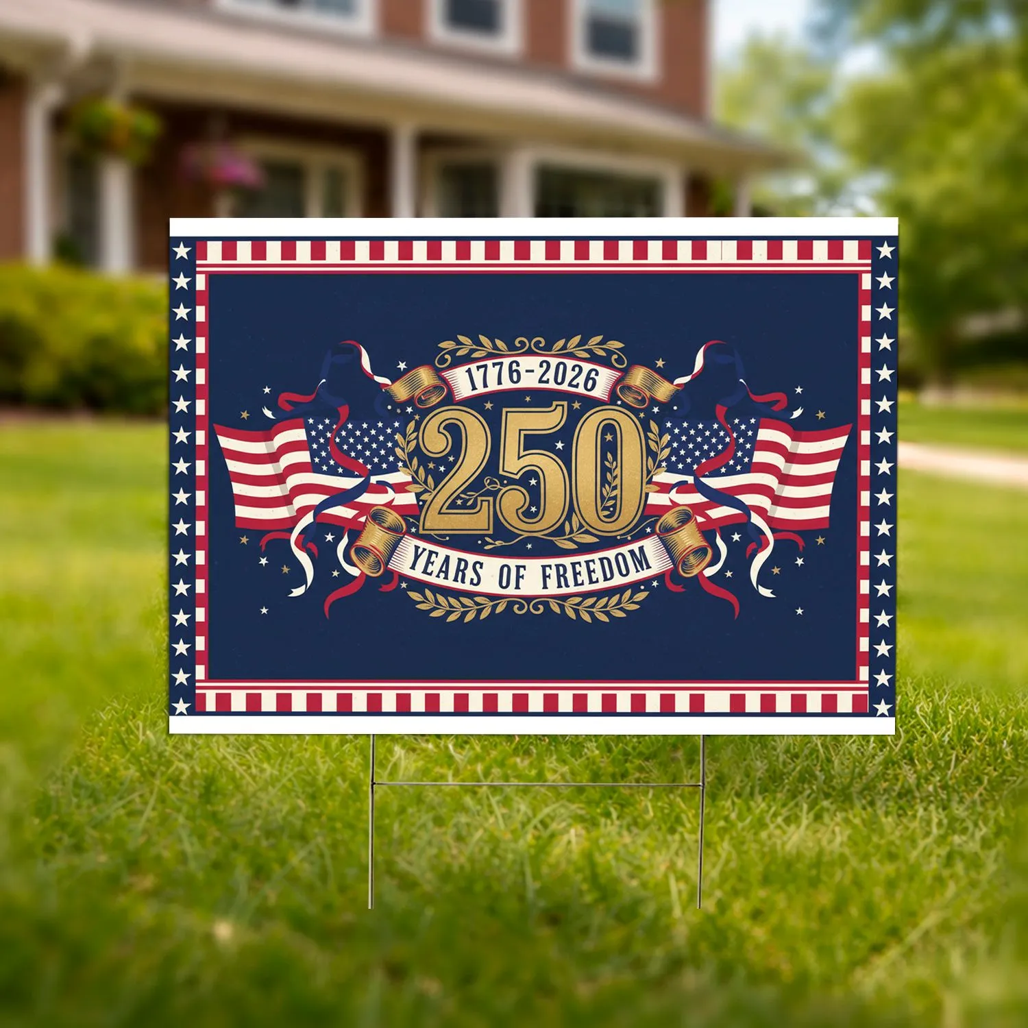 250 Years Freedom 1776-2026 American Flag Gold Emblem - USA 250th Anniversary Yard Sign - 1