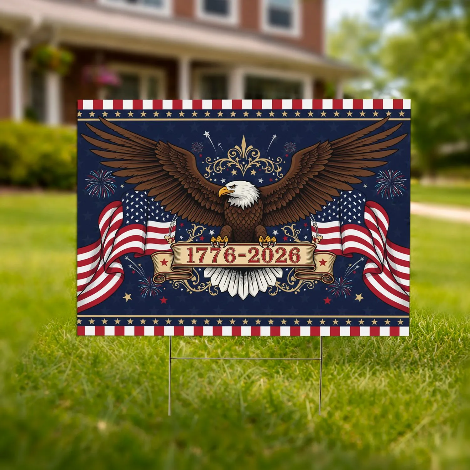 Bald Eagle American Flag 1776-2026 - USA 250th Anniversary Independence Day Patriotic Border Yard Sign - 1