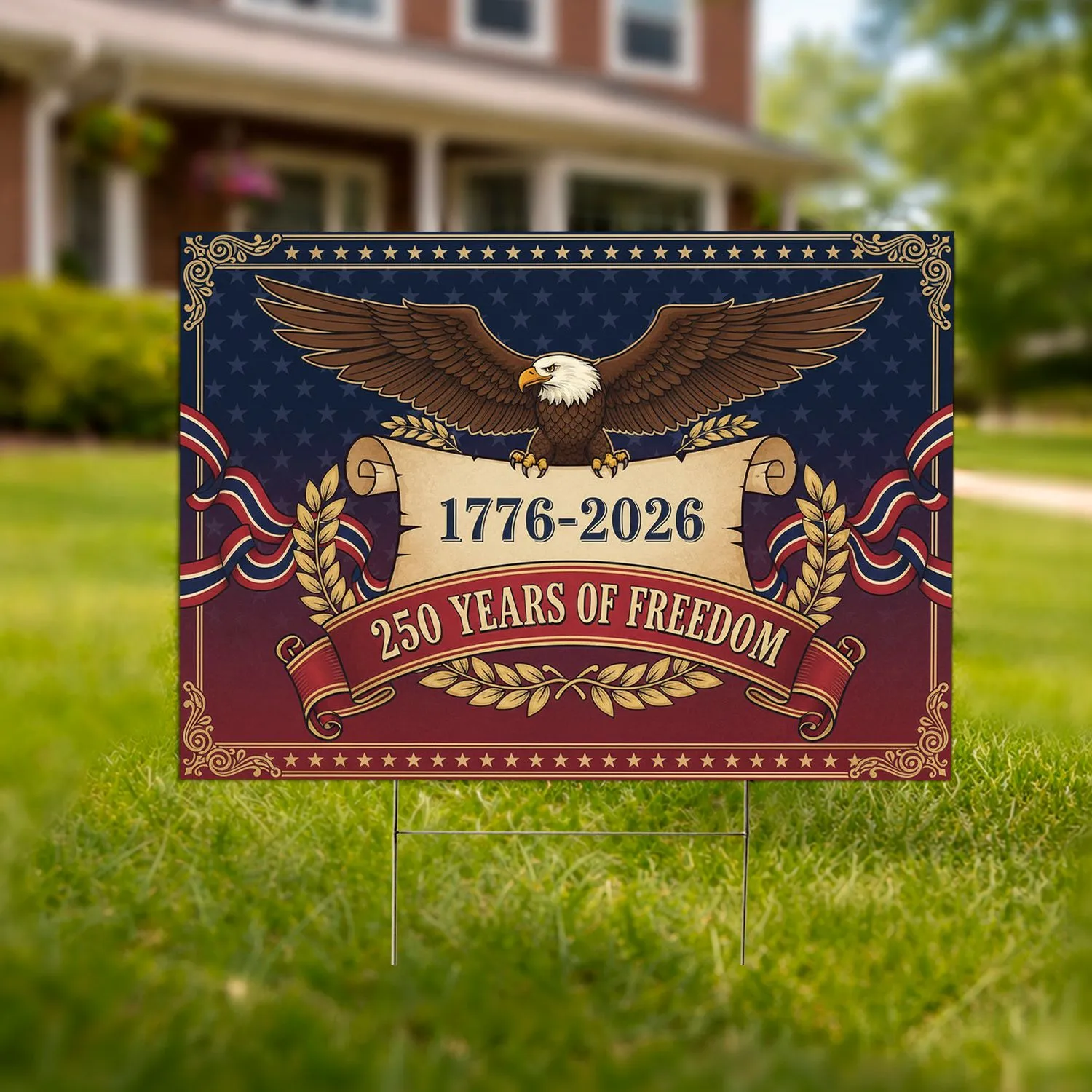 Bald Eagle 1776-2026 USA 250 Years of Freedom Patriotic Ornate Star Border Yard Sign - 1