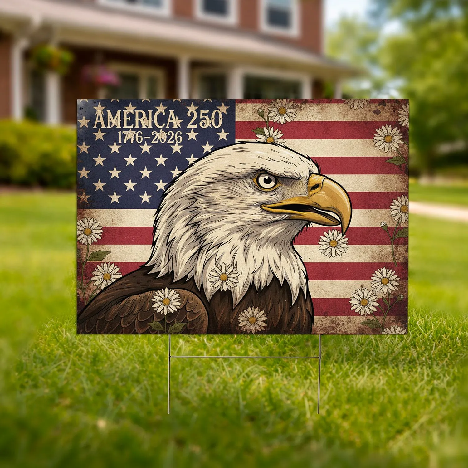 Distressed Bald Eagle American Flag 1776-2026 - USA 250th Anniversary Patriotic Daisy Flowers Yard Sign - 1