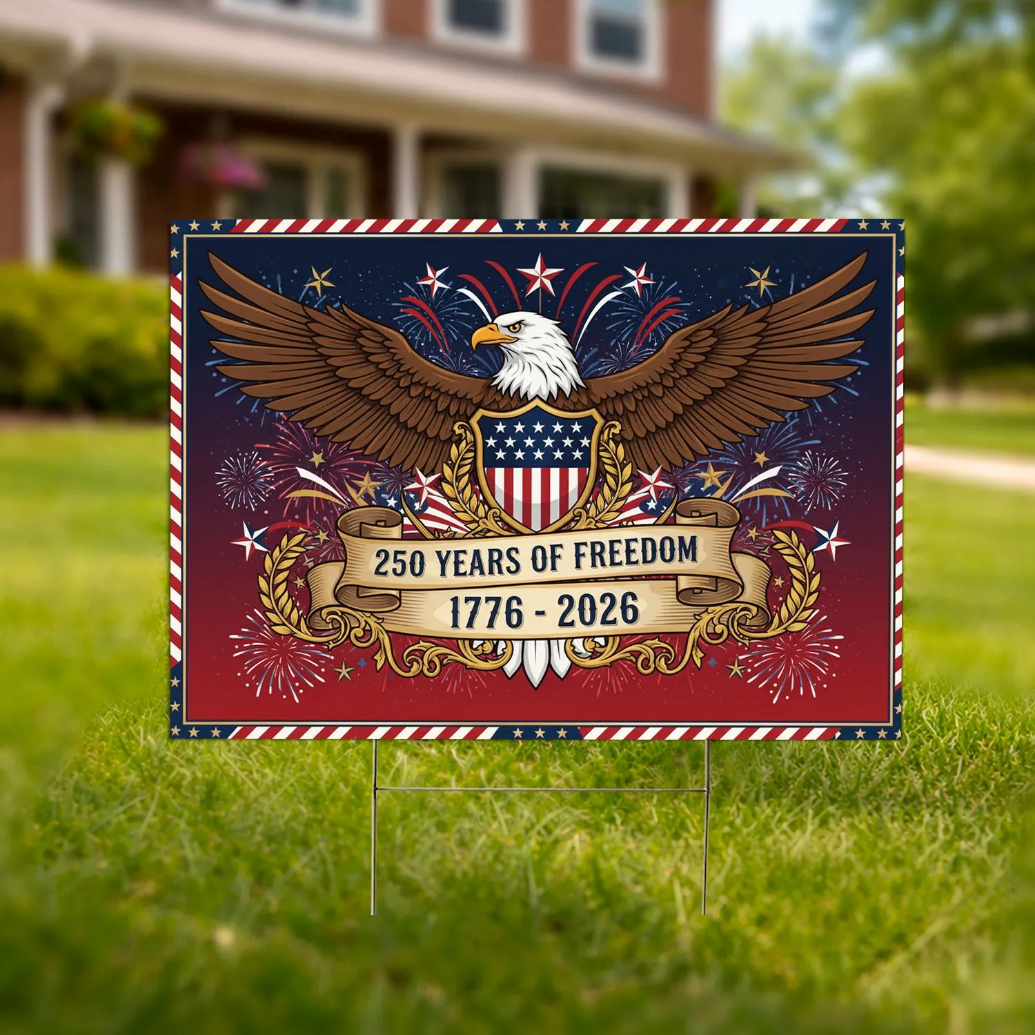 Bald Eagle American Flag 1776-2026 Liberty Shield - USA 250 Years of Freedom Independence Day Yard Sign - 1