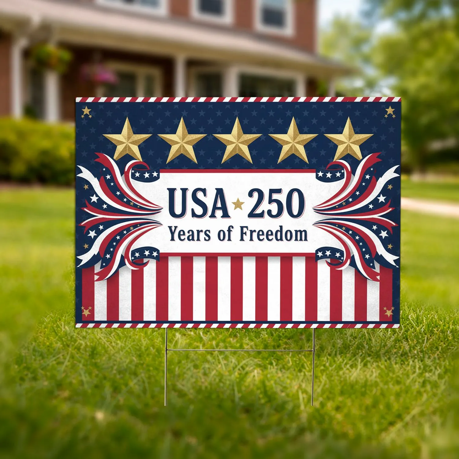 USA 250 Years of Freedom Banner, Gold Stars & Red White Blue Ribbons - 250th Anniversary Yard Sign - 1