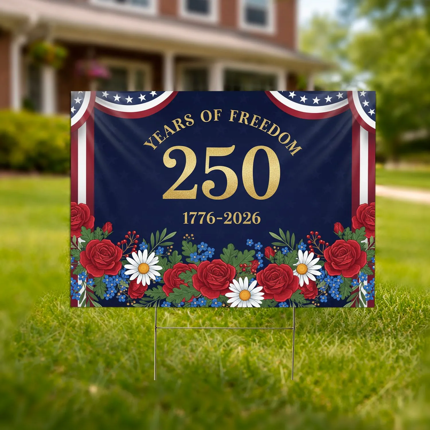 USA 250 Years of Freedom 1776-2026 Patriotic Floral Bunting Anniversary Celebration Yard Sign - 1