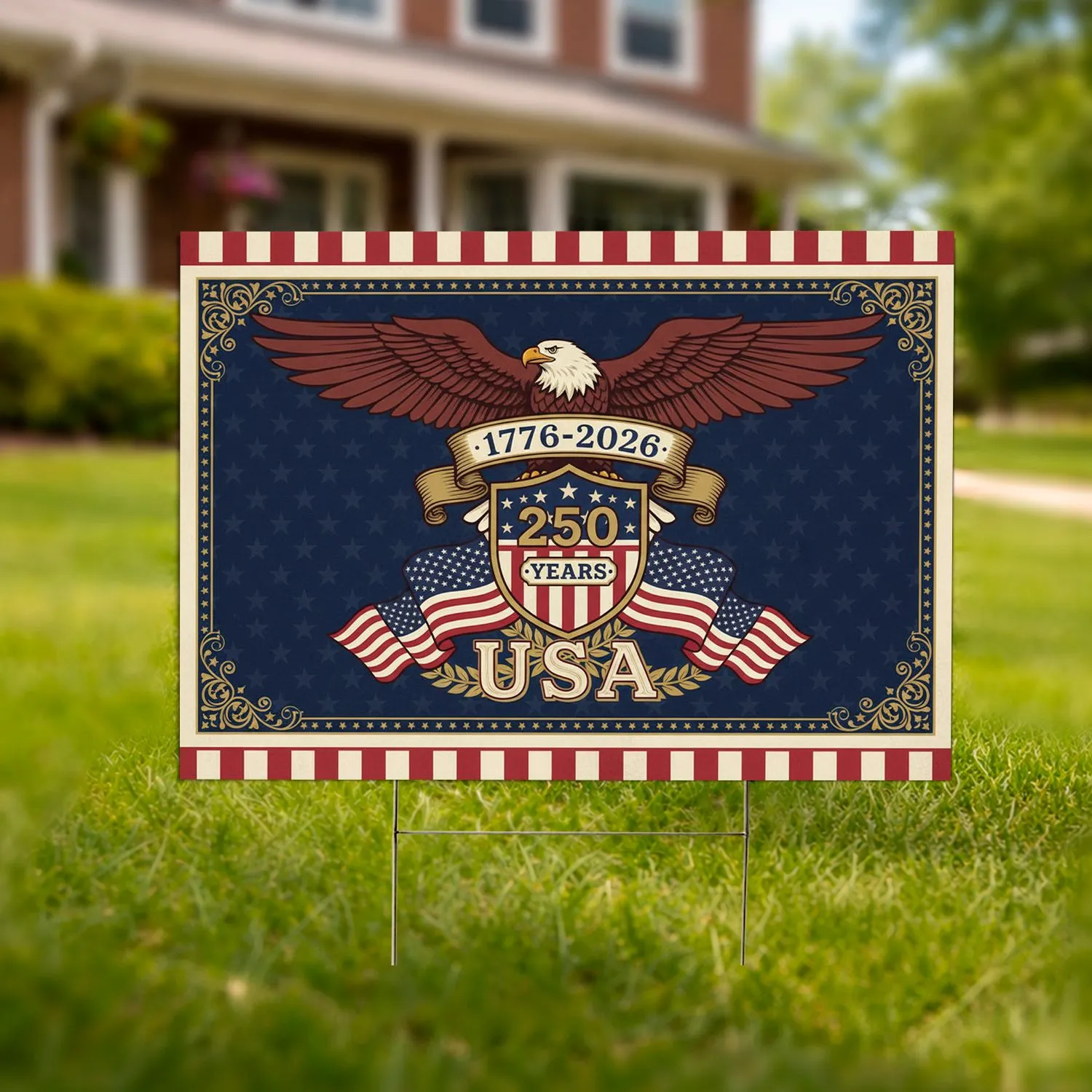 Bald Eagle American Flag 1776-2026 Gold Banner - USA 250th Anniversary Star Shield Yard Sign - 1
