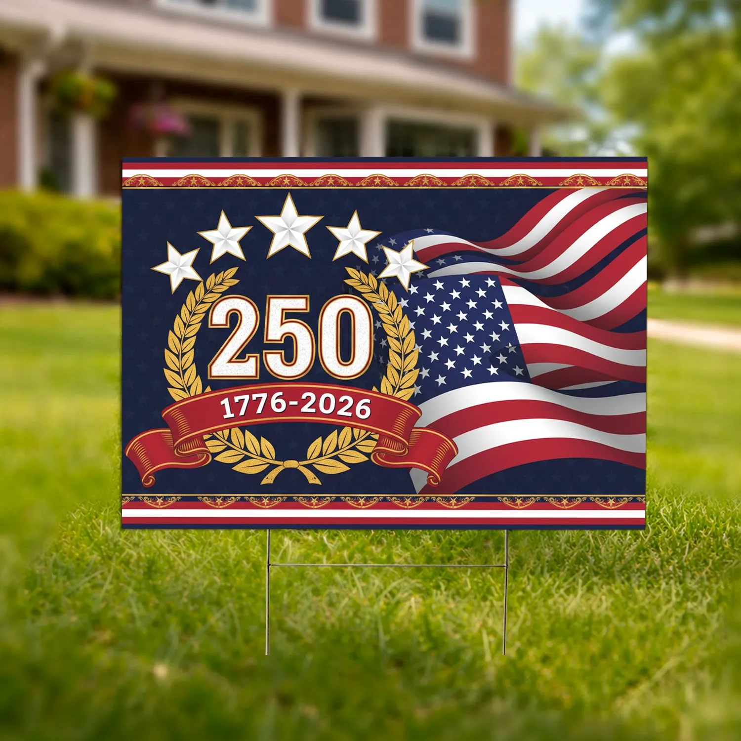 USA 250th Anniversary 1776-2026 Patriotic Gold Emblem Laurel Wreath American Flag Stars Yard Sign - 1