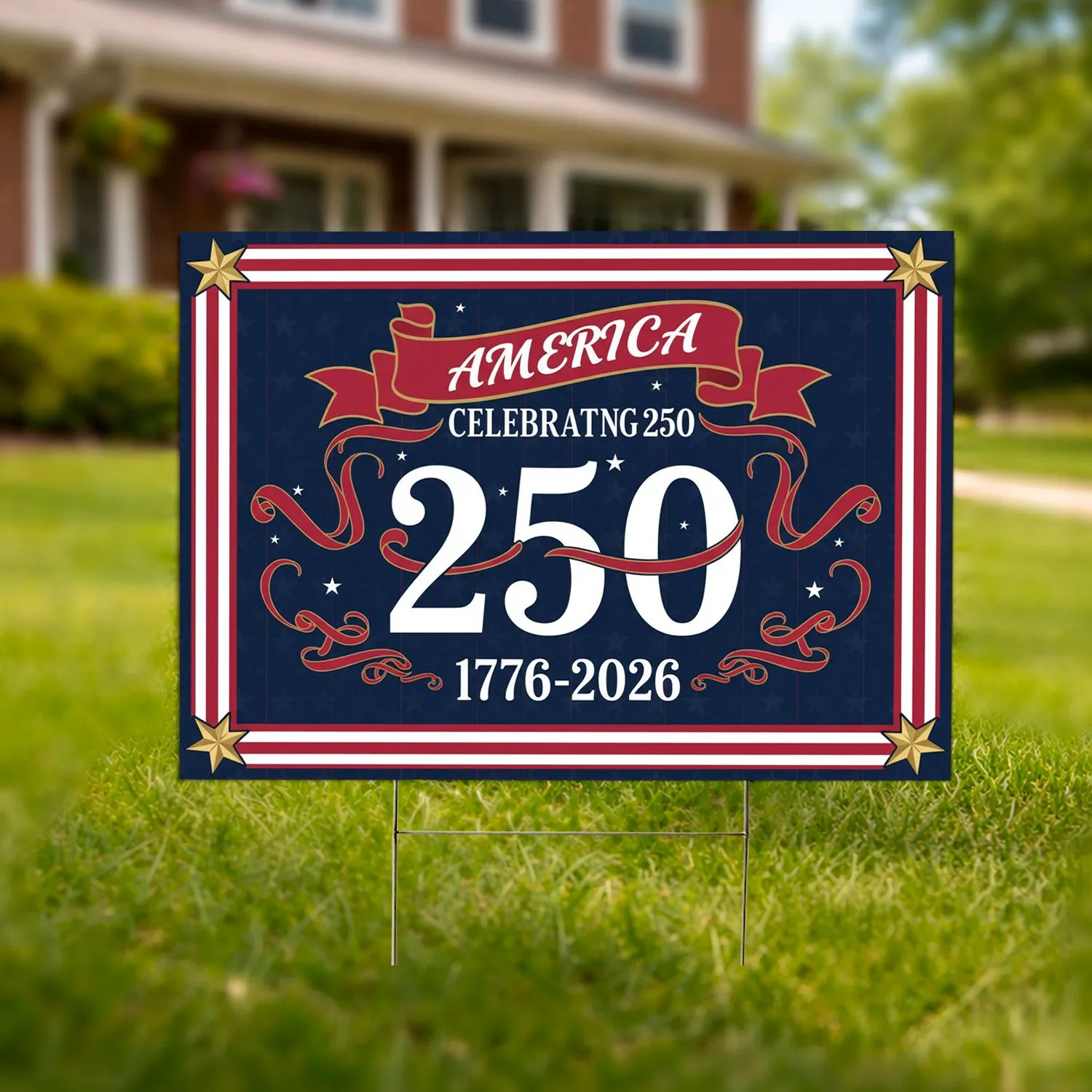 America 250 Years 1776-2026 Laurel Wreath Flag Stripes - USA Anniversary Decor Yard Sign - 1