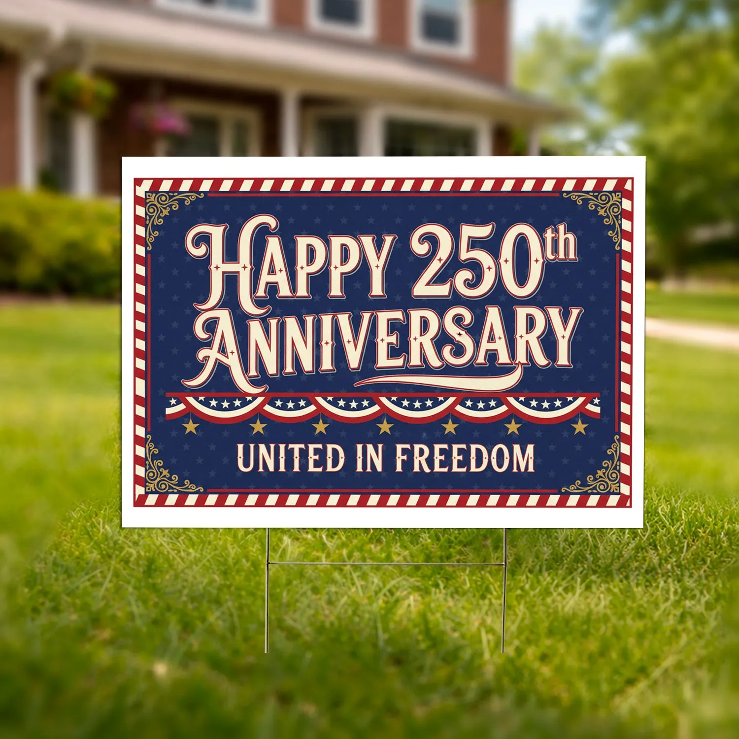 Happy 250th Anniversary United in Freedom Patriotic Bunting 1776-2026 Gold Star Yard Sign - 1