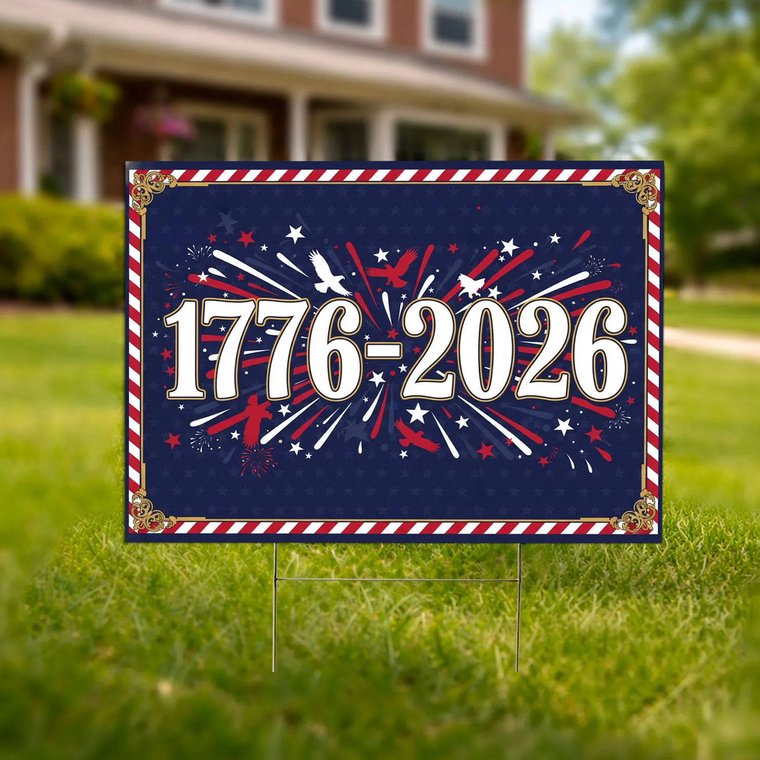 1776-2026 Golden Patriotic Eagles Stars Fireworks - USA 250th Anniversary Celebration Yard Sign - 1