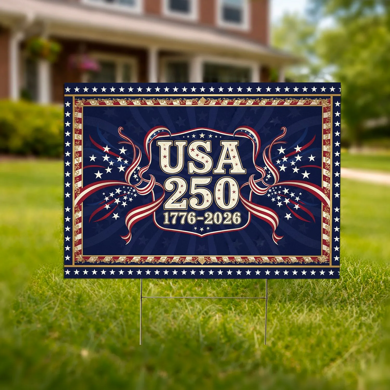 USA 250 1776-2026 Patriotic Bunting Stars Gold Filigree - America's 250th Anniversary Yard Sign - 1