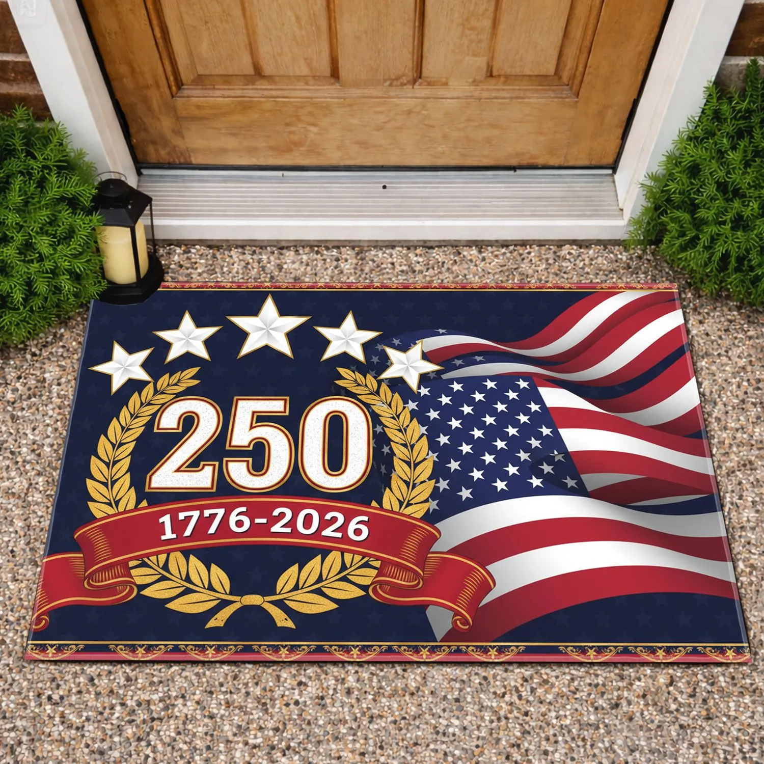 USA 250th Anniversary 1776-2026 Patriotic Gold Emblem Laurel Wreath American Flag Stars Doormat - 1