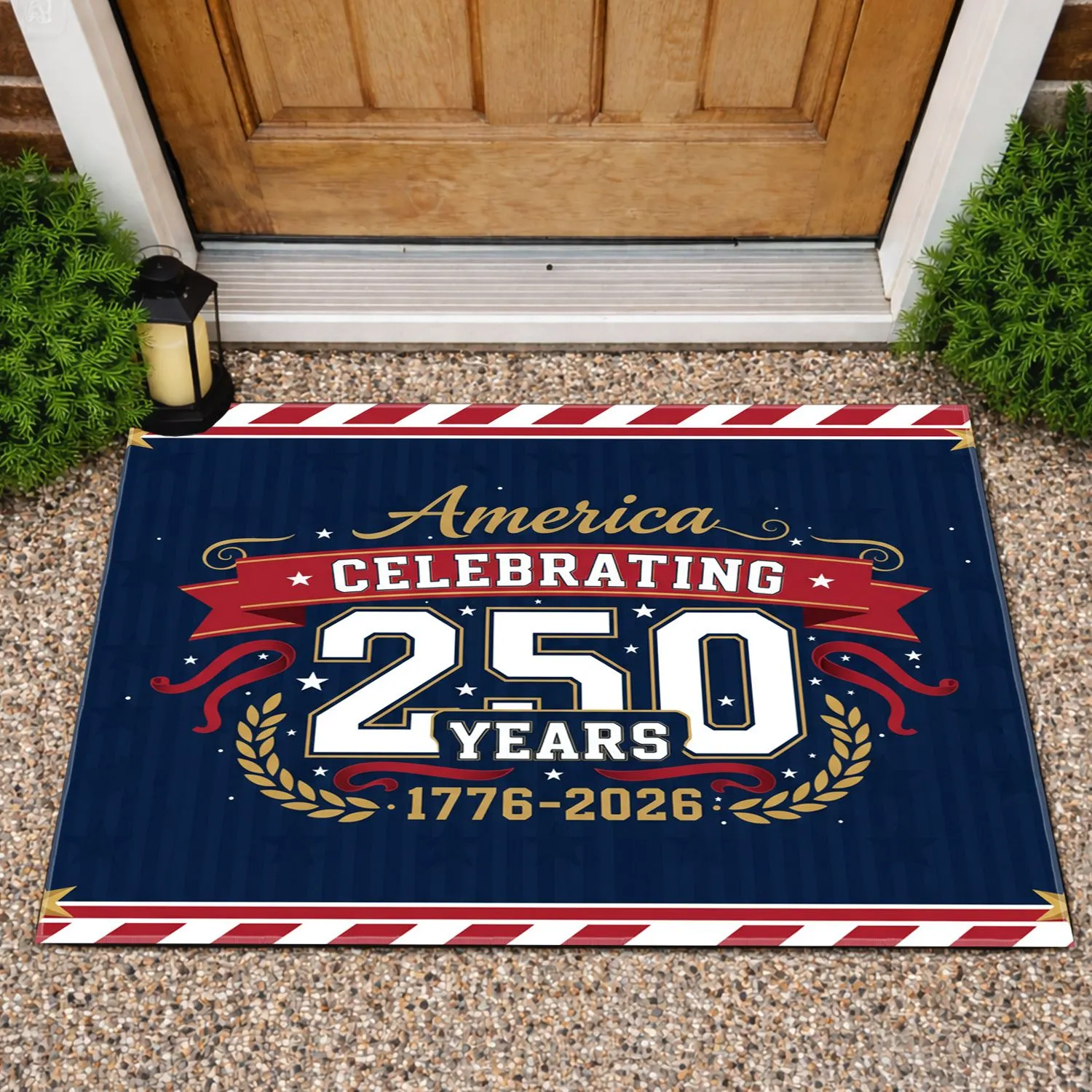 America 250 Years 1776-2026 Laurel Wreath Flag Stripes - USA Anniversary Decor Doormat - 1