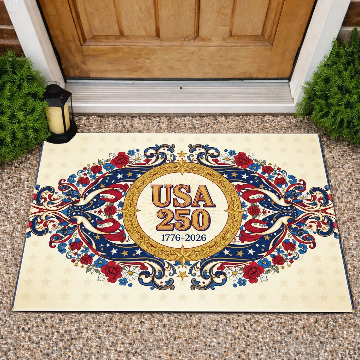 USA 250th Anniversary 1776-2026 Patriotic Emblem Scrollwork Stars Red White Blue Doormat - 1