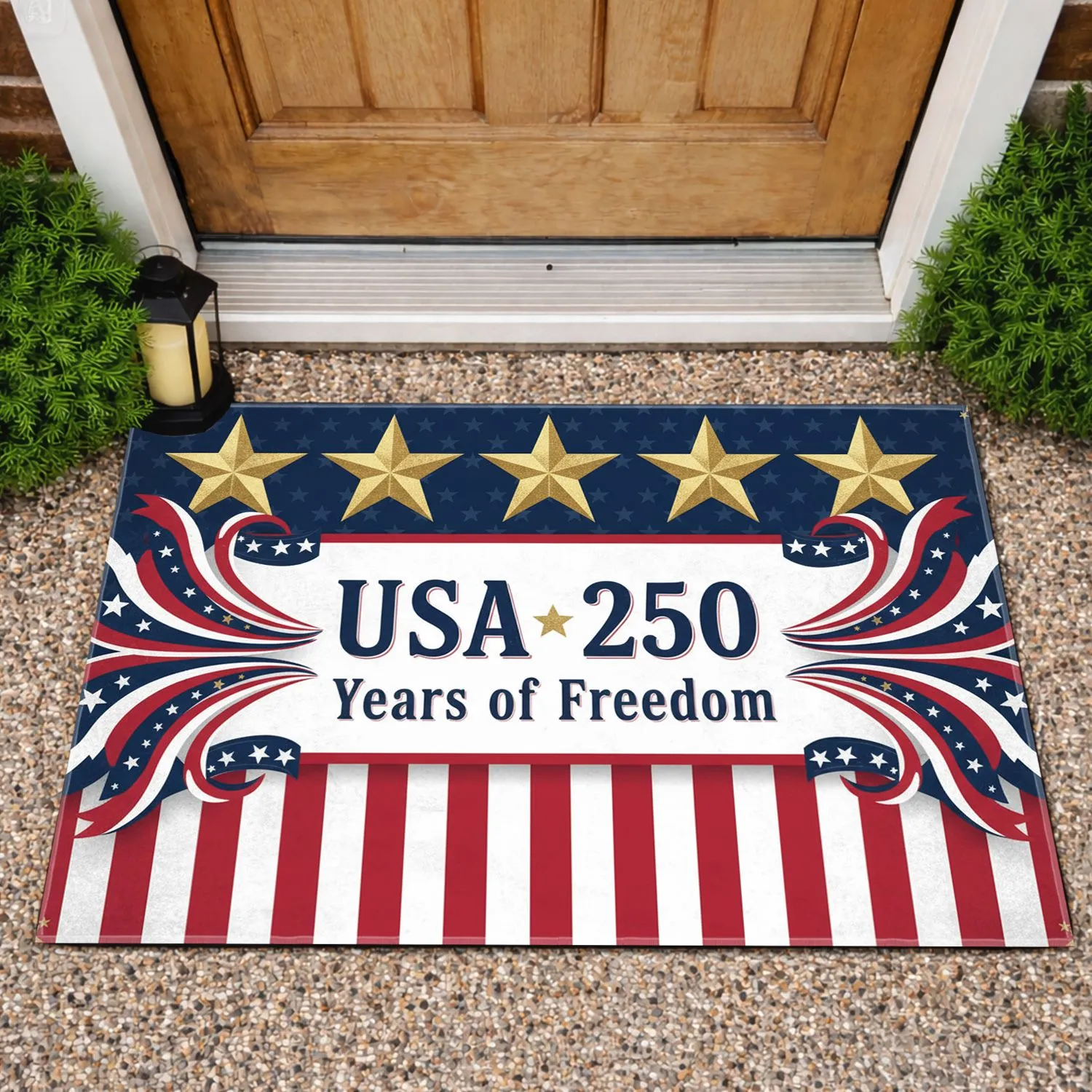 USA 250 Years of Freedom Banner, Gold Stars & Red White Blue Ribbons - 250th Anniversary Doormat - 1