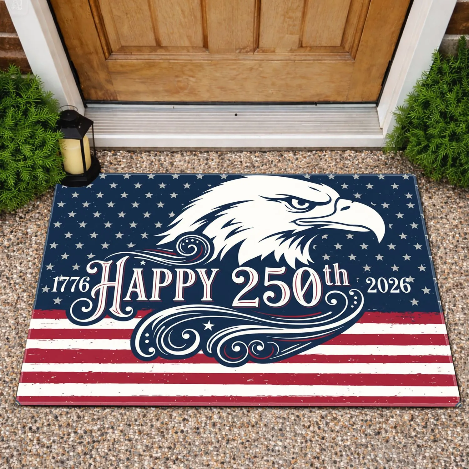 Bold Patriotic Bald Eagle Happy 250th - USA 250th Anniversary (1776-2026) Flag Art Doormat - 1