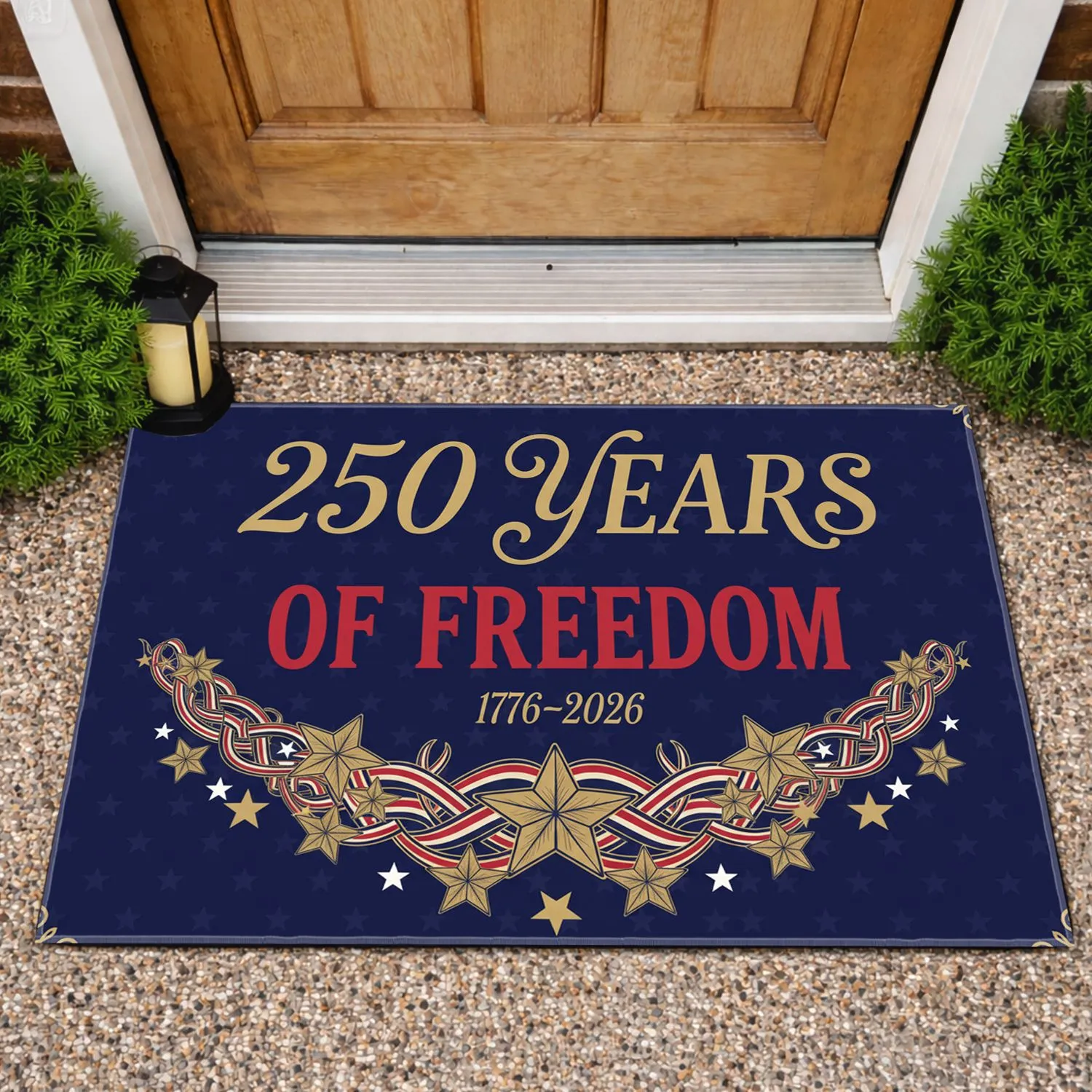 Scroll Script 250 Years of Freedom Patriotic Star Ribbon Garland 1776-2026 USA Anniversary Doormat - 1