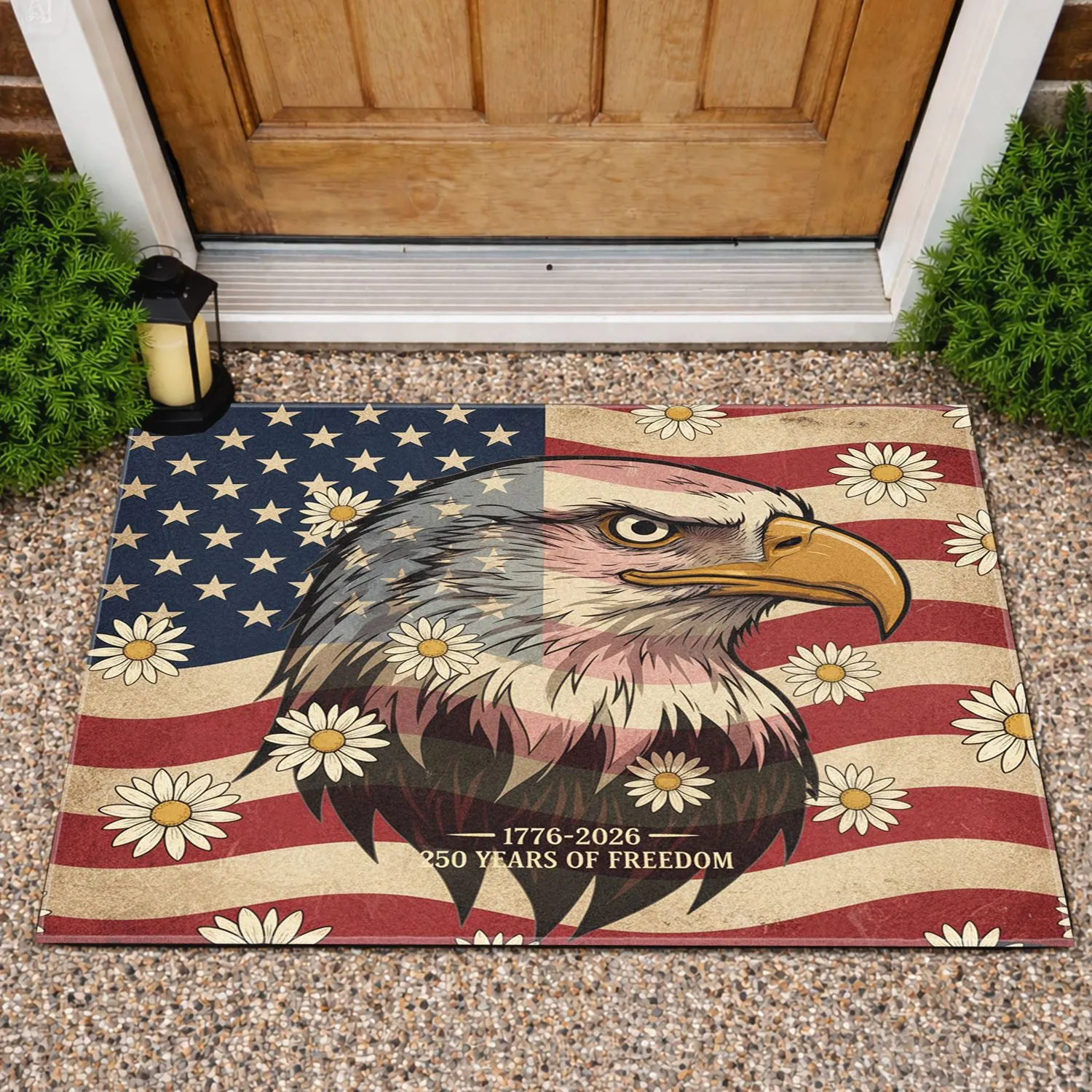 Distressed Bald Eagle American Flag 1776-2026 - USA 250th Anniversary Patriotic Daisy Flowers Doormat - 1