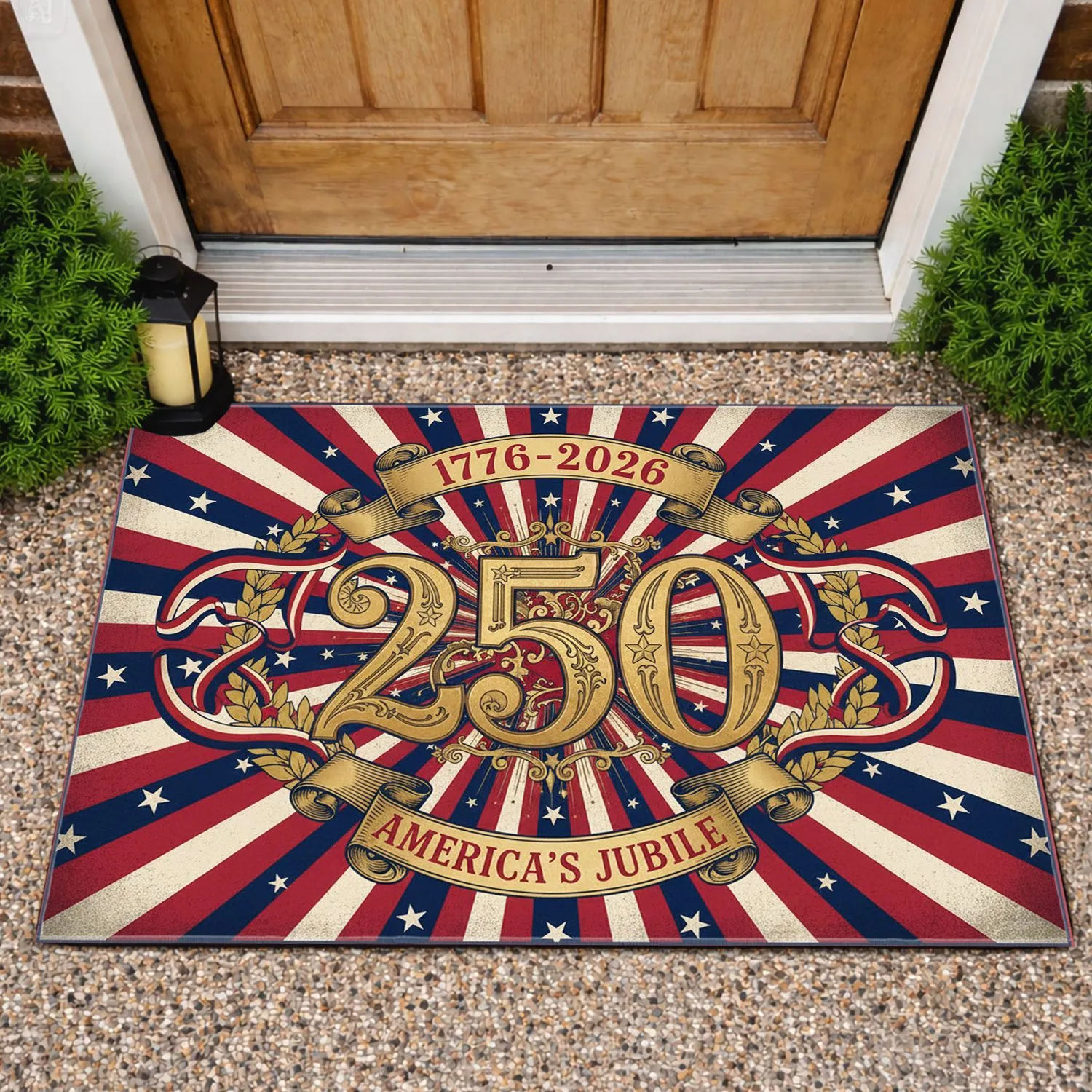Antique Gold 250th Anniversary American Flag 1776-2026 Patriotic USA Jubilee Emblem Doormat - 1