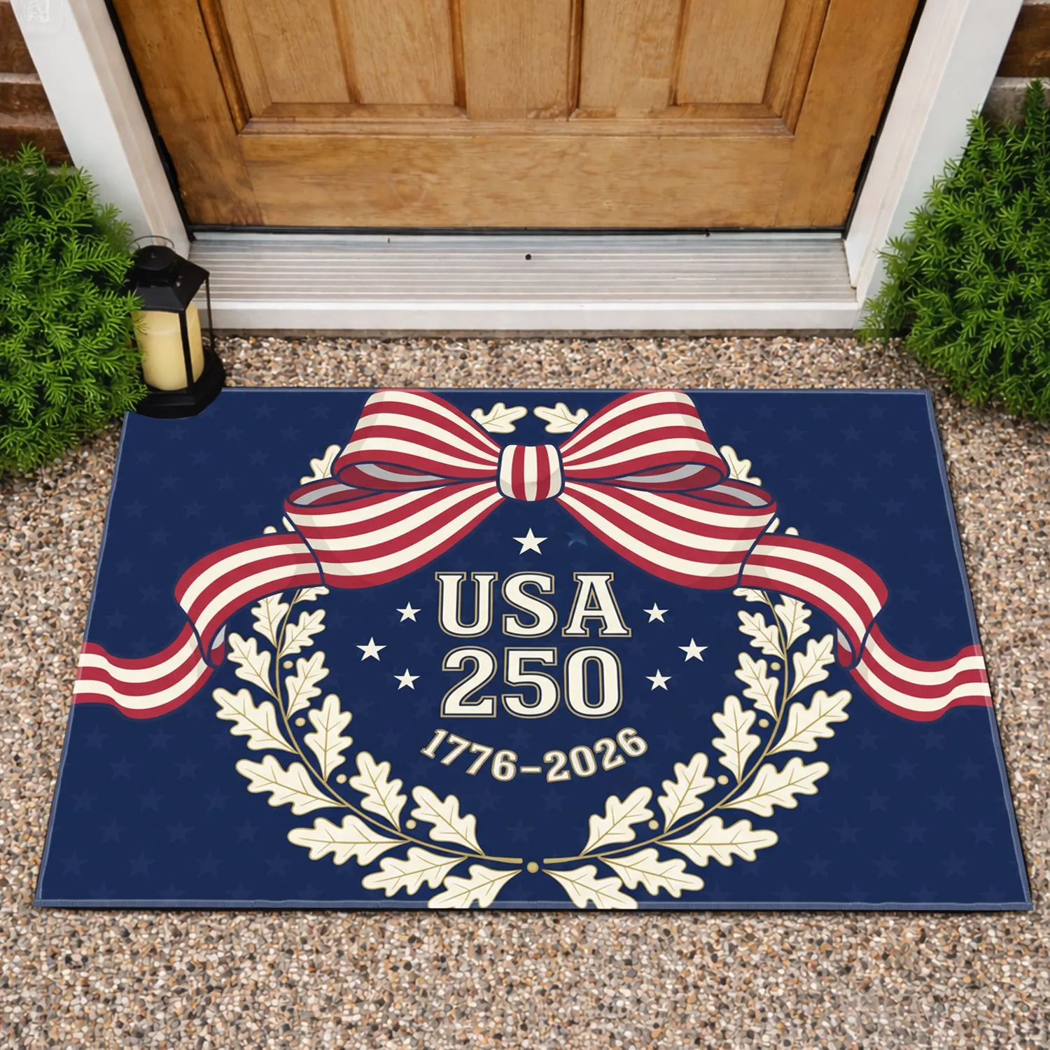 USA 250 Patriotic Wreath Bow 1776-2026 - America's 250th Anniversary Independence Day Doormat - 1