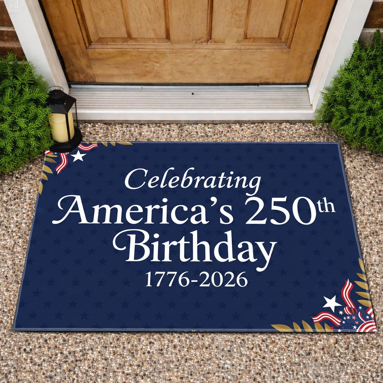 America 250th Birthday 1776-2026 - Patriotic Stars Ribbons Laurel Leaf Star-Spangled Doormat - 1