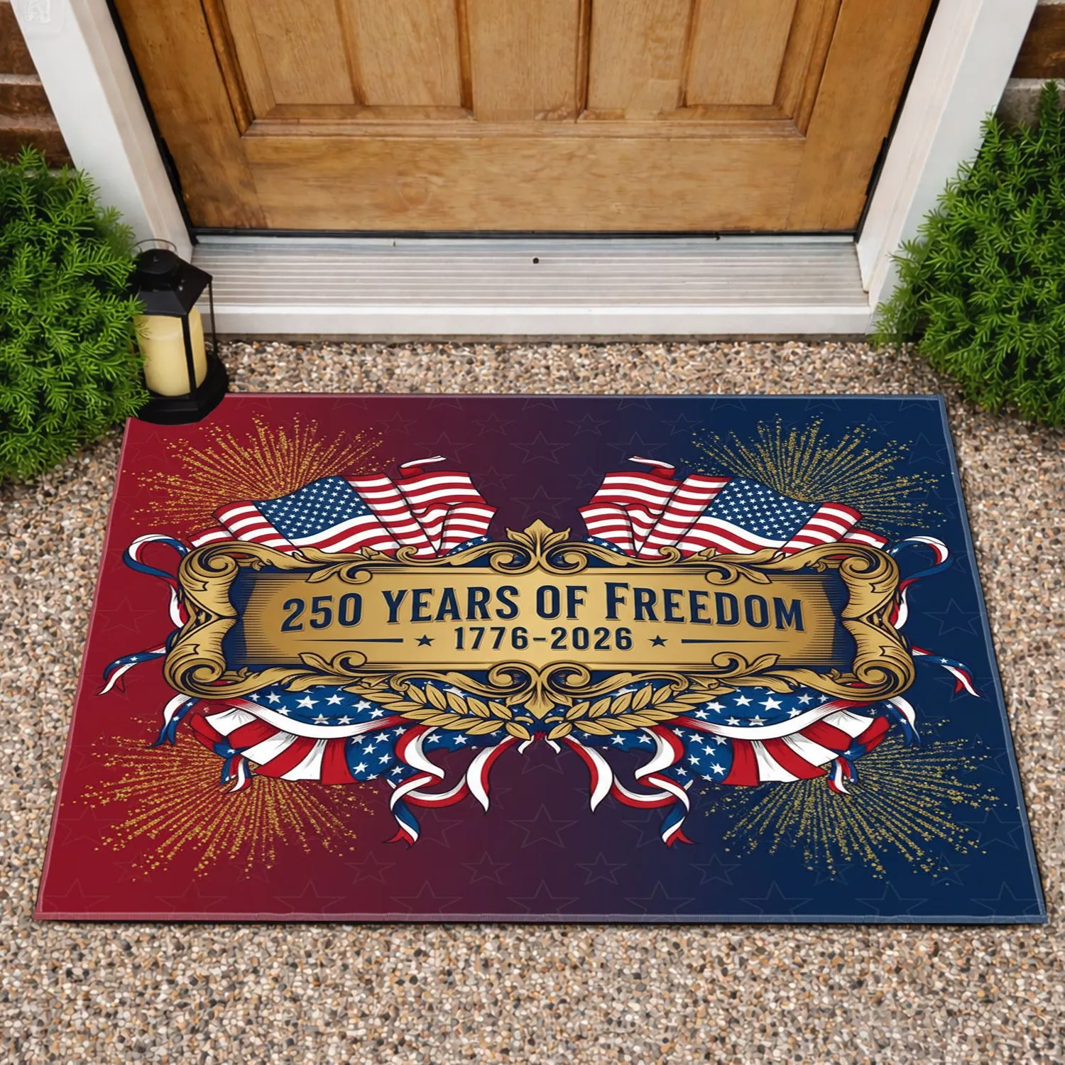 250 Years of Freedom 1776-2026 American Flag Laurel Bunting Gold Border - USA 250th Anniversary Doormat - 1