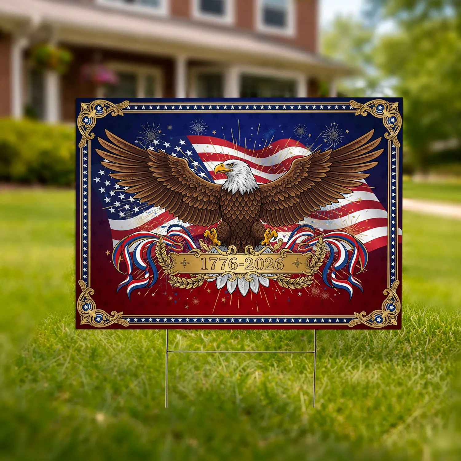 Bald Eagle American Flag 1776-2026 Gold Filigree - USA 250th Anniversary Patriotic Gift Yard Sign - 1