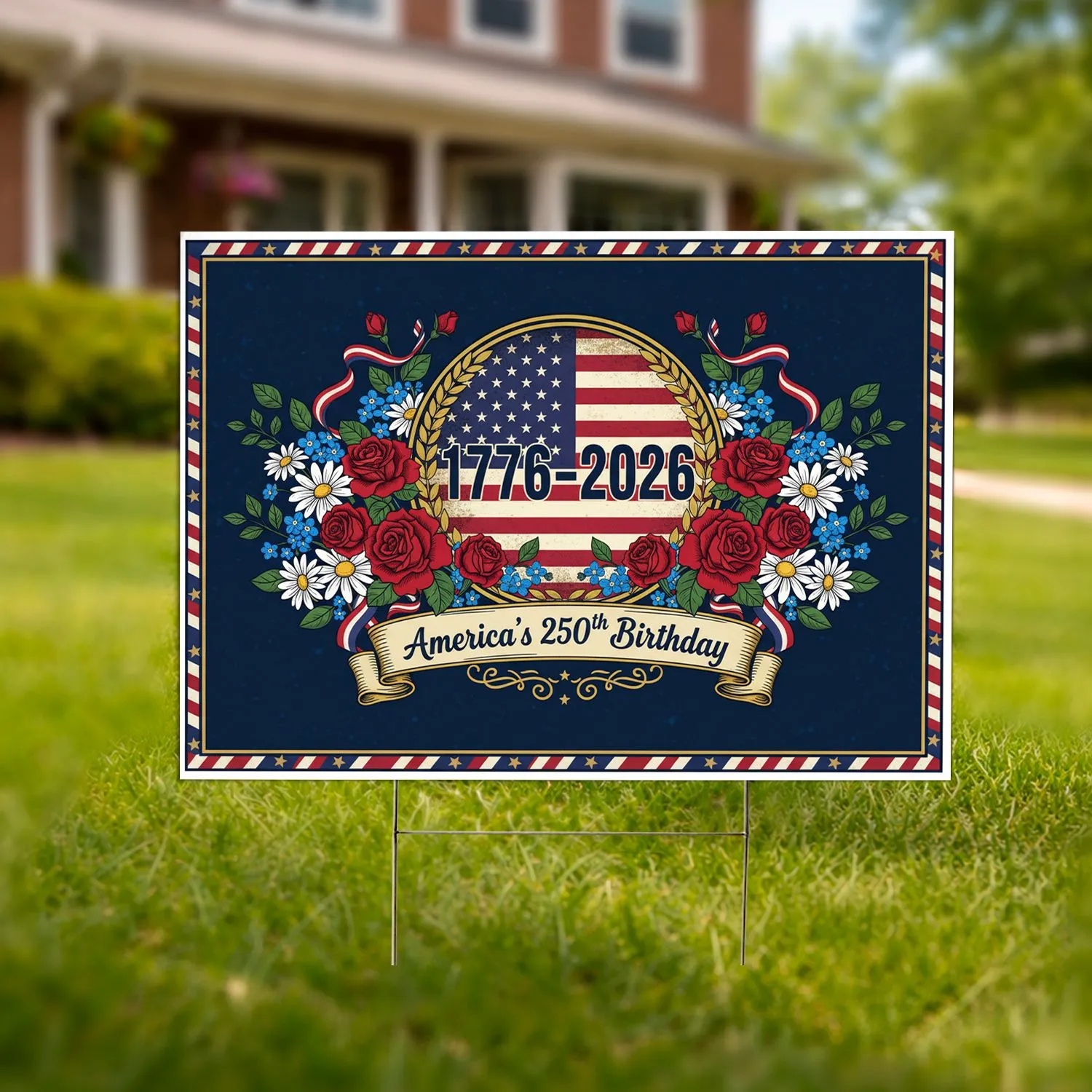 1776-2026 American Flag Patriotic Flowers - America's 250th Anniversary Independence Day Yard Sign - 1