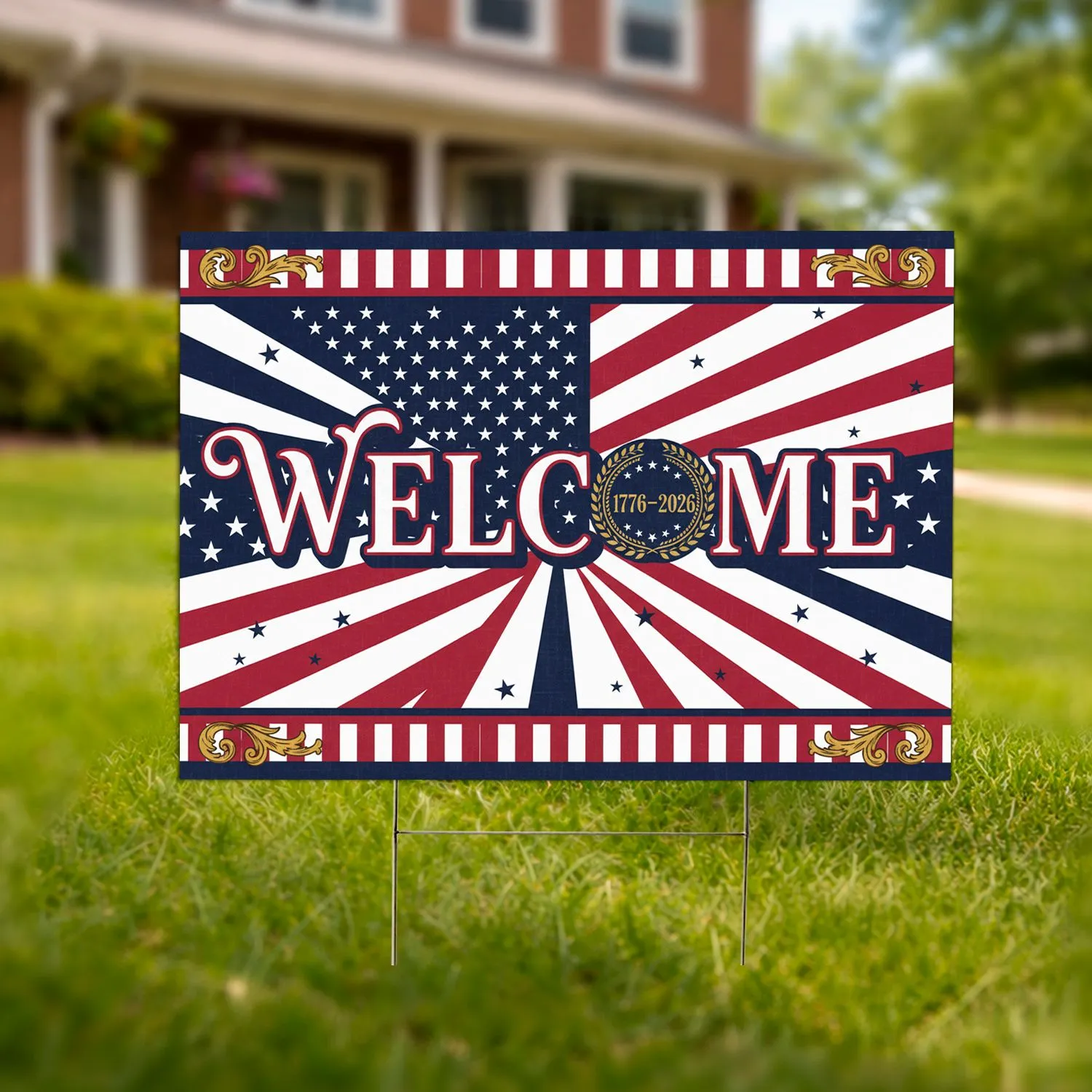 Welcome 250th Anniversary Emblem 1776-2026 Distressed Flag - USA Patriotic Freedom Art Yard Sign - 1