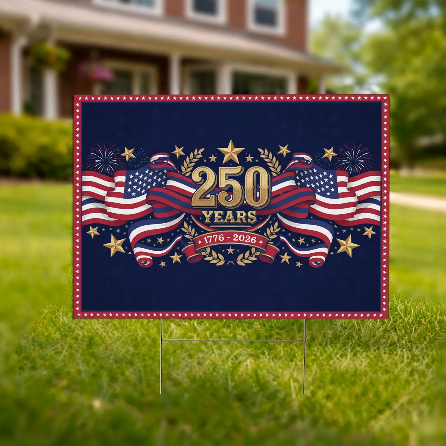 250 Years USA Anniversary Flag 1776-2026 Gold Emblem Laurel Wreath Firework Stars Yard Sign - 1