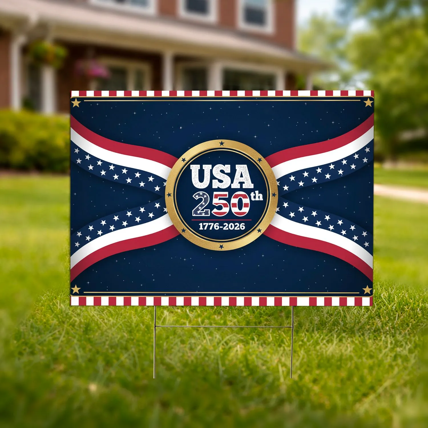 USA 250th 1776-2026 Emblem - Patriotic Stars Stripes Gold Anniversary Independence Day Yard Sign - 1