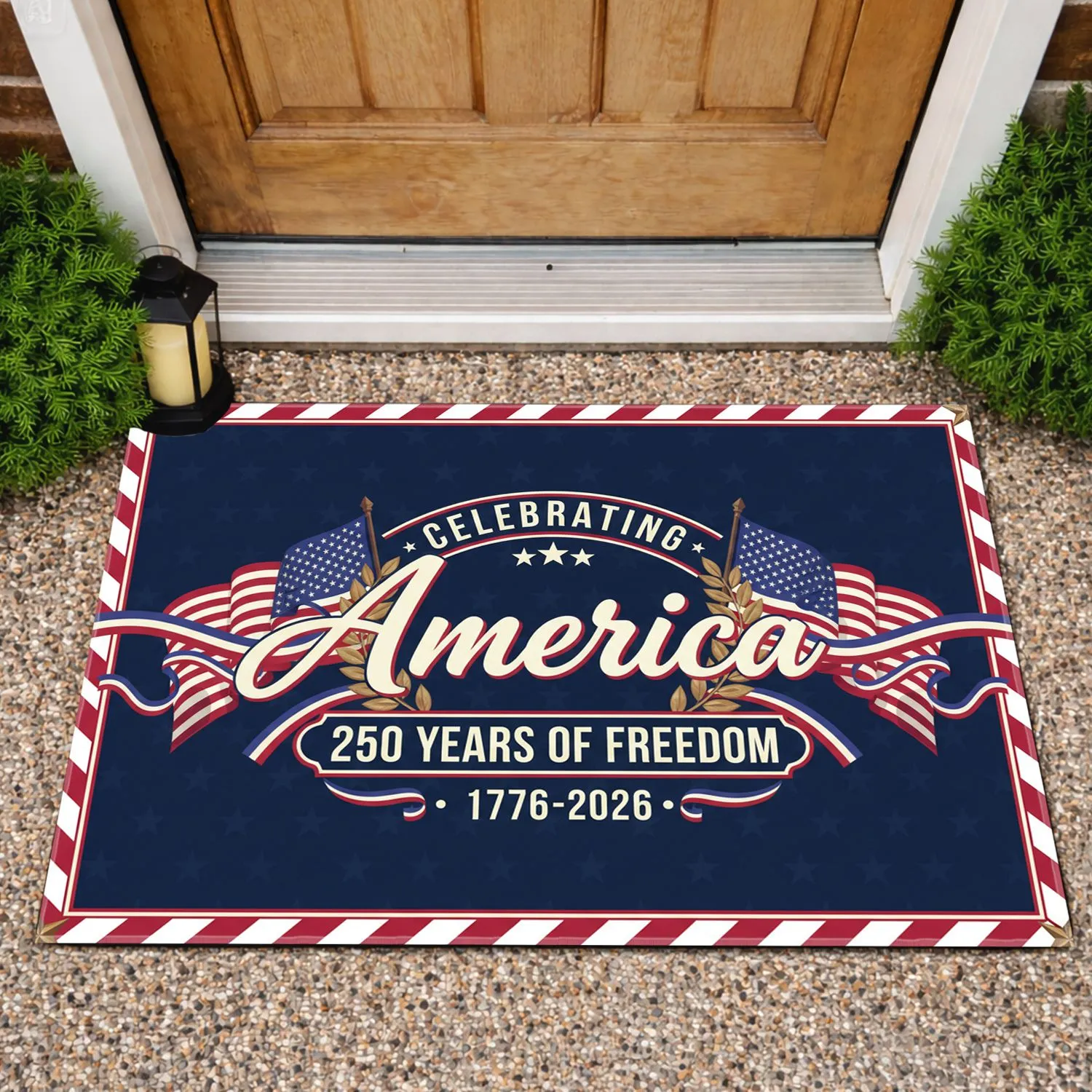 America 250th Anniversary Flag 1776-2026 - Patriotic Laurel Wreath Display Doormat - 1
