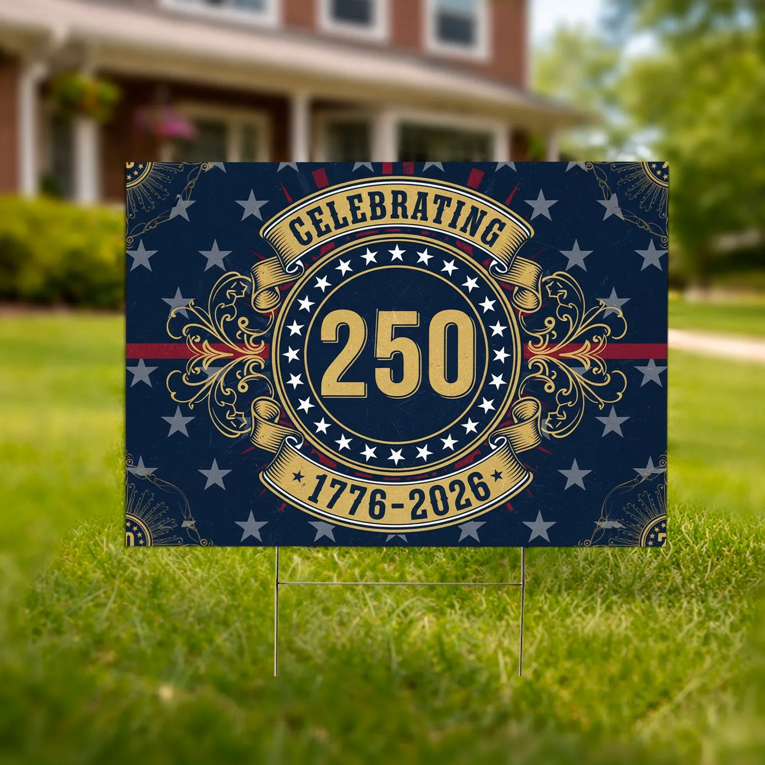 Patriotic 250th Anniversary Emblem 1776-2026 - USA Red White Blue Gold Filigree Yard Sign - 1
