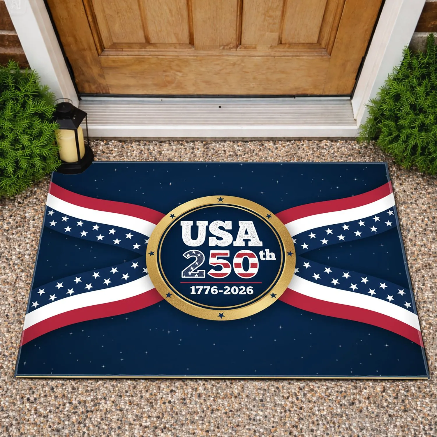 USA 250th 1776-2026 Emblem - Patriotic Stars Stripes Gold Anniversary Independence Day Doormat - 1