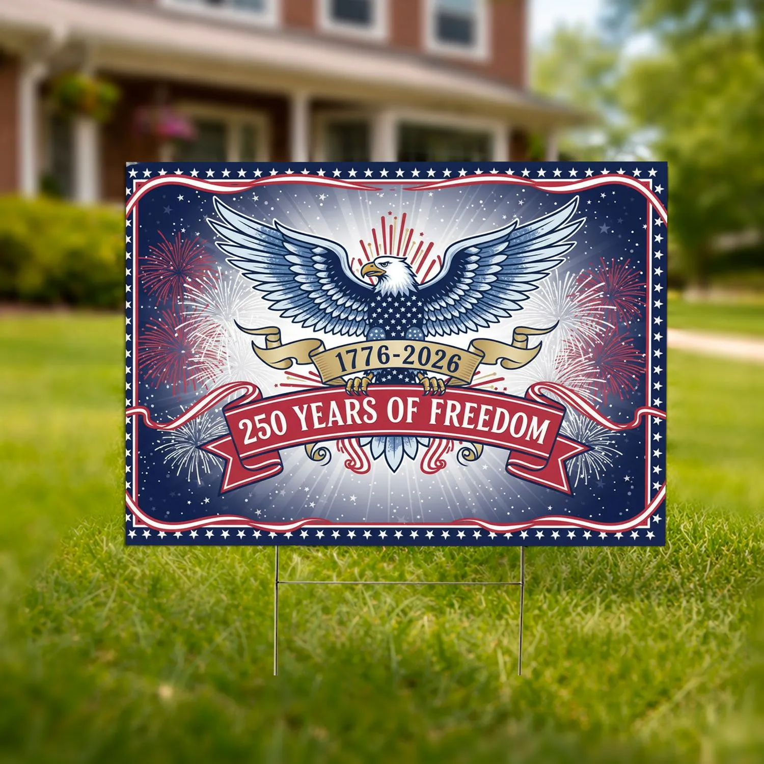 Bald Eagle American Flag 1776-2026 USA 250th Anniversary Freedom Fireworks Star Border Yard Sign - 1
