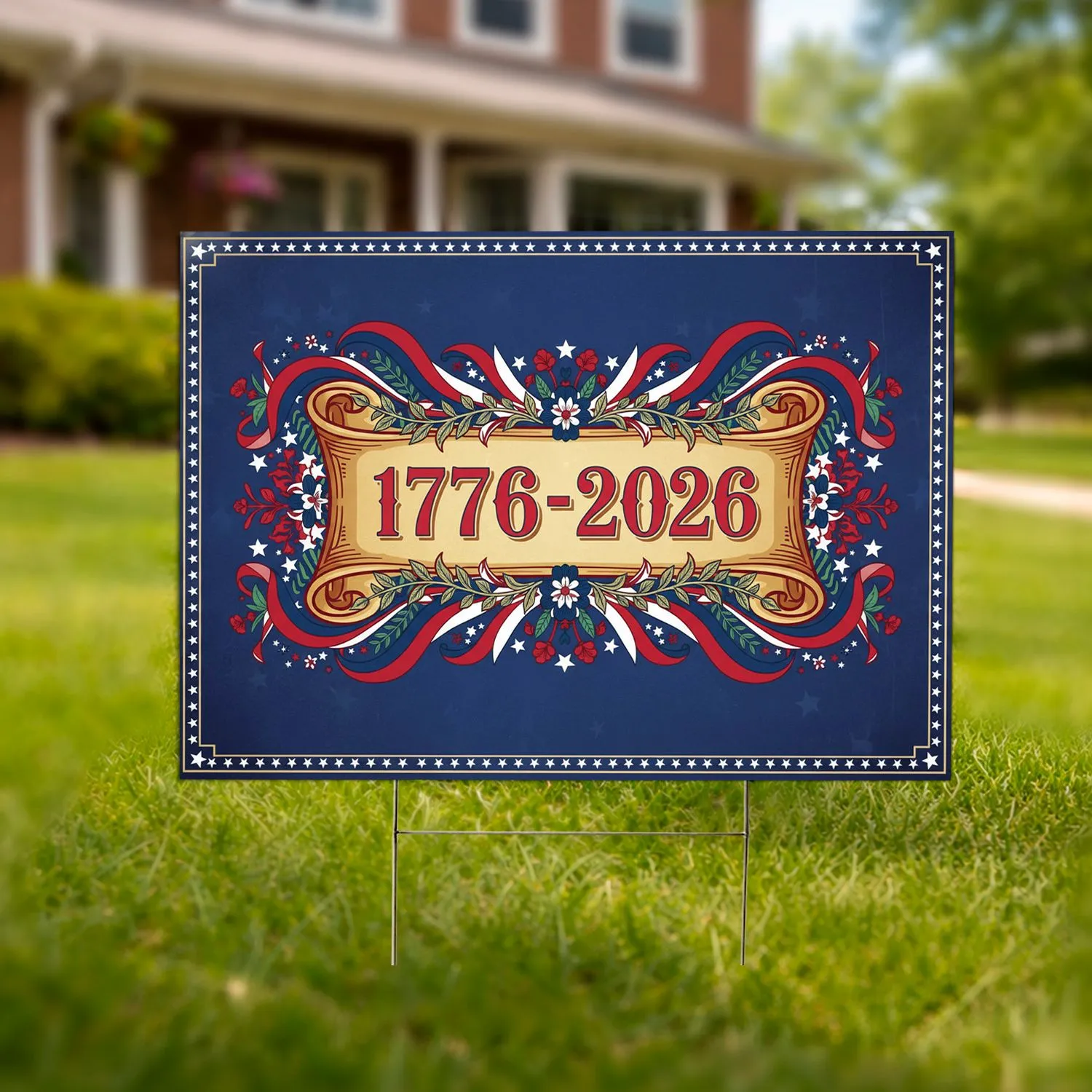 1776-2026 Patriotic Ornate Star Border USA 250th Anniversary Independence Day Yard Sign - 1