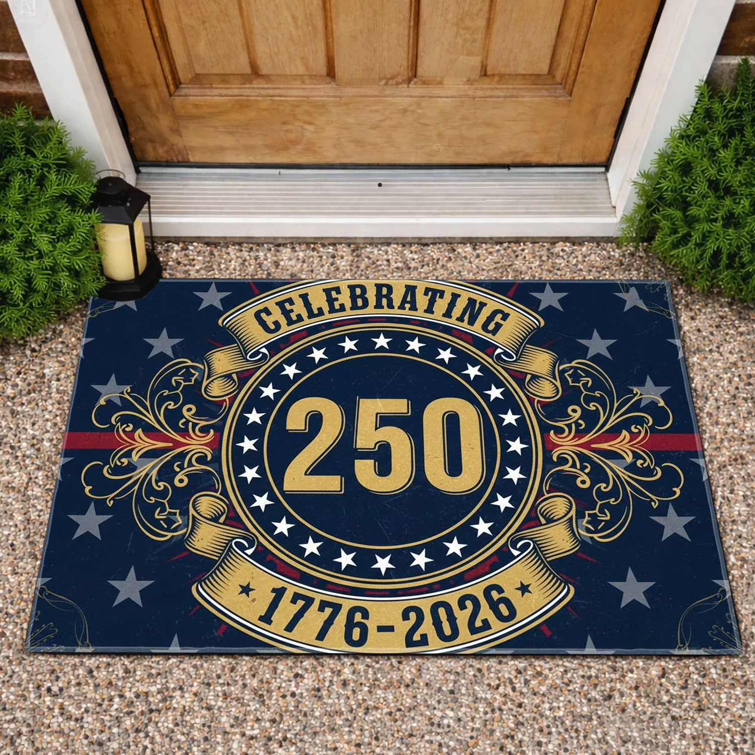 Patriotic 250th Anniversary Emblem 1776-2026 - USA Red White Blue Gold Filigree Doormat - 1