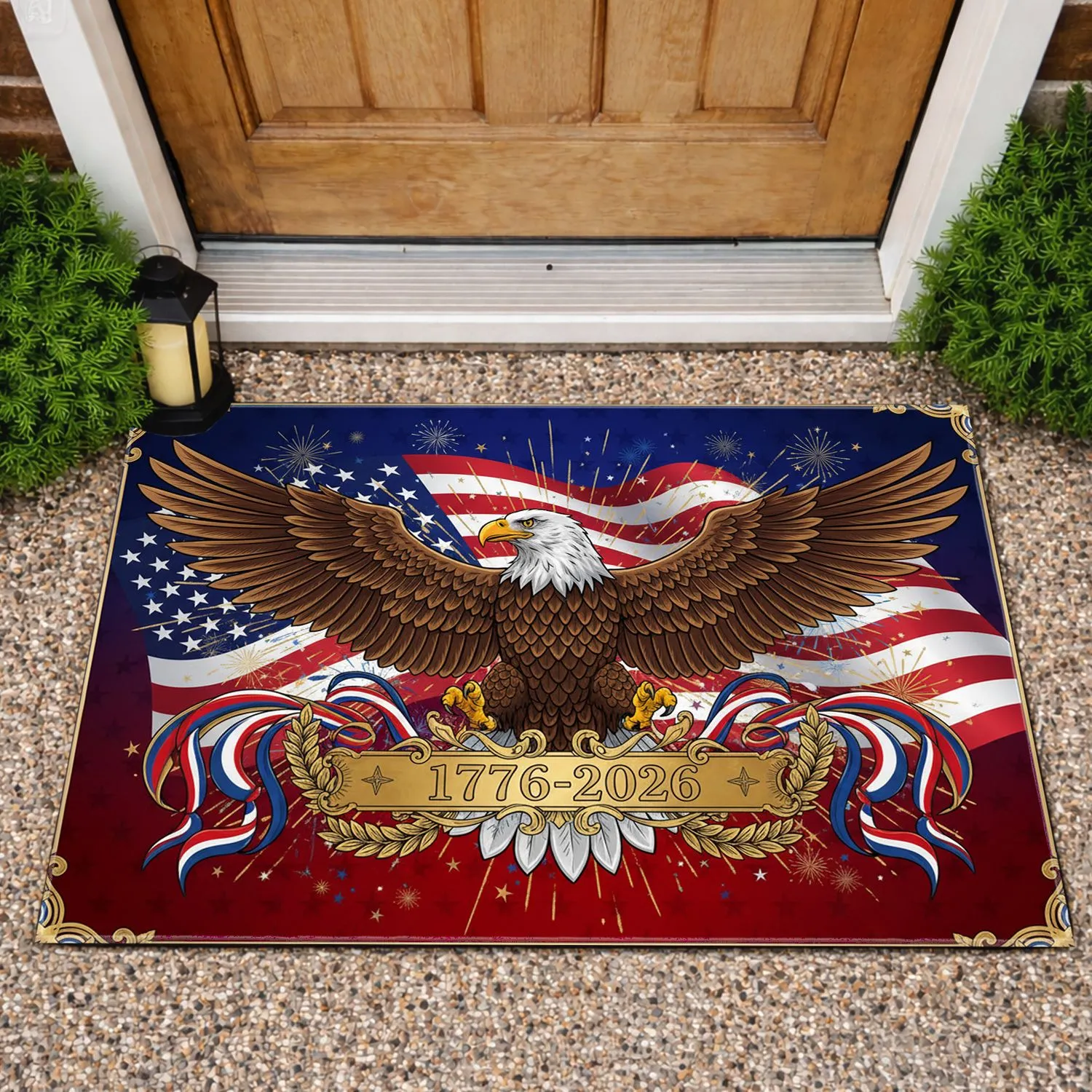 Bald Eagle American Flag 1776-2026 Gold Filigree - USA 250th Anniversary Patriotic Gift Doormat - 1