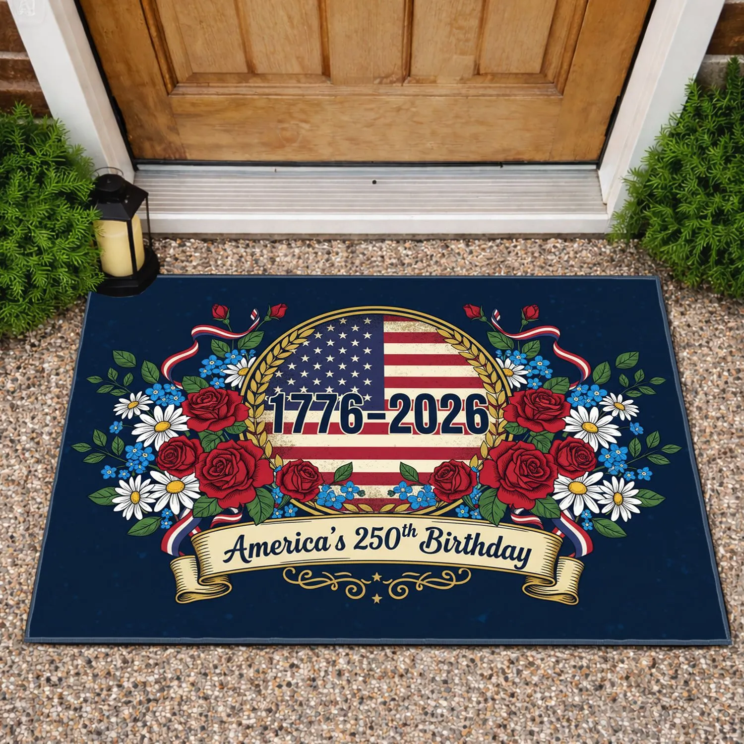 1776-2026 American Flag Patriotic Flowers - America's 250th Anniversary Independence Day Doormat - 1